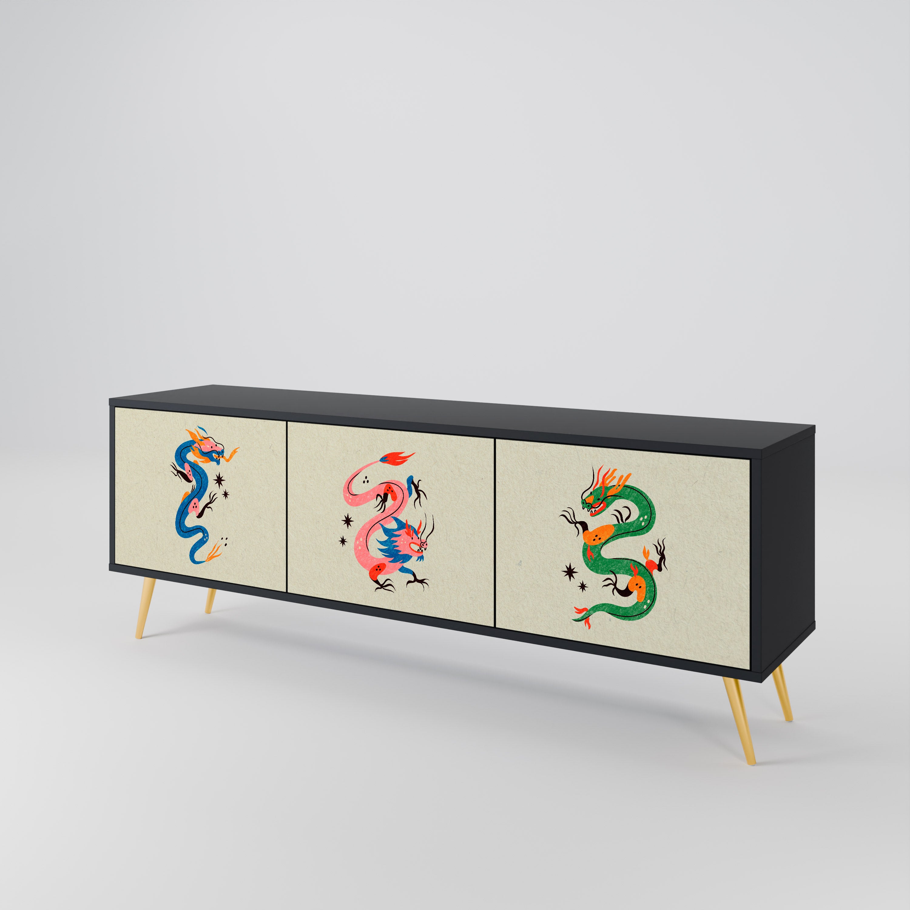 MYTHOLOGICAL CREATURES 3-Door TV Stand in Black Finish