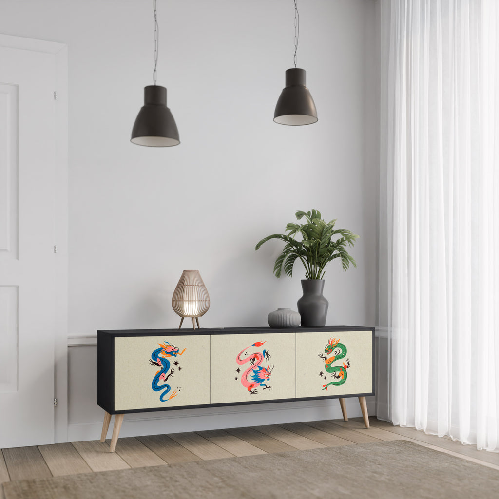 MYTHOLOGICAL CREATURES 3-Door TV Stand in Black Finish