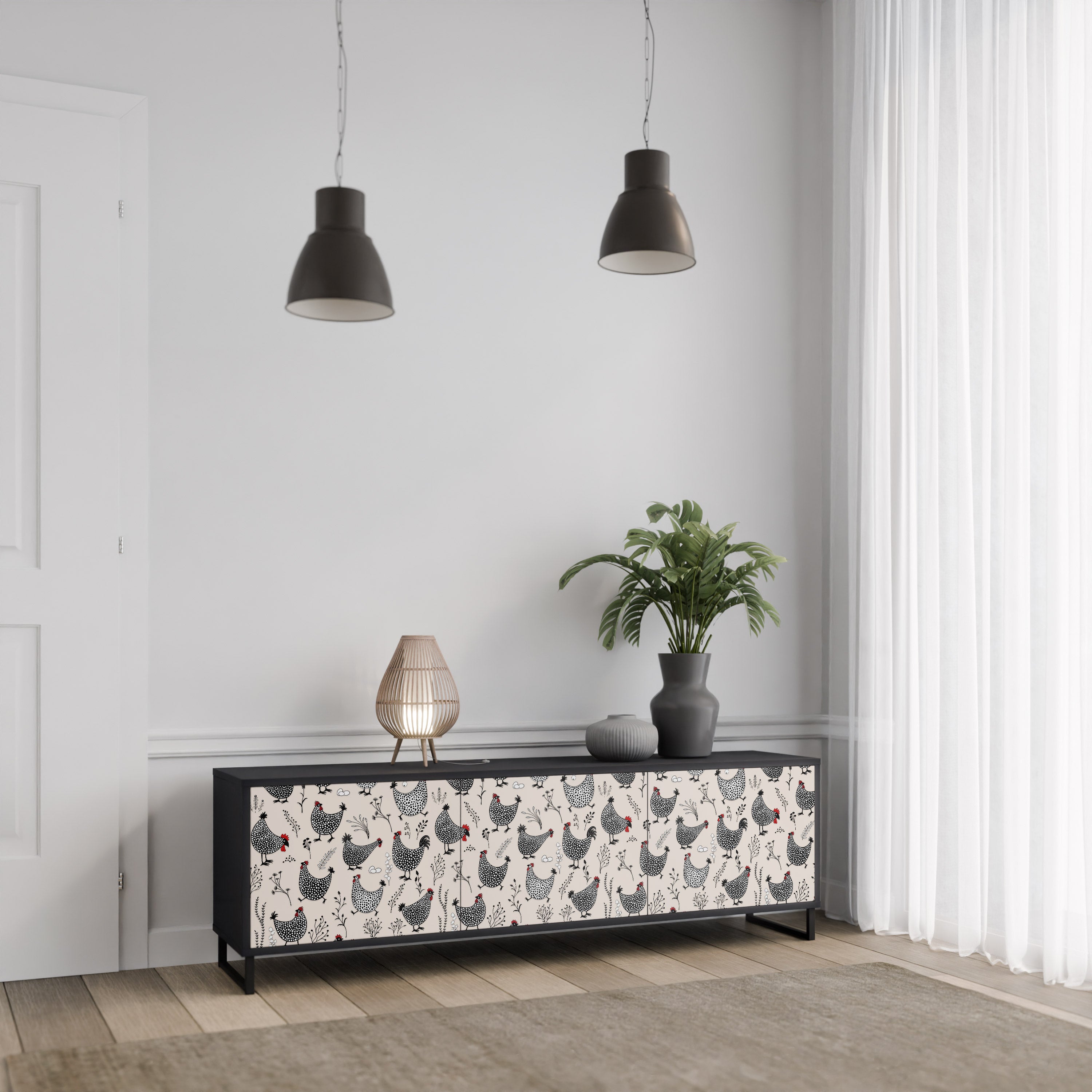 HAPPY HENS 3-Door TV Stand in Black Finish