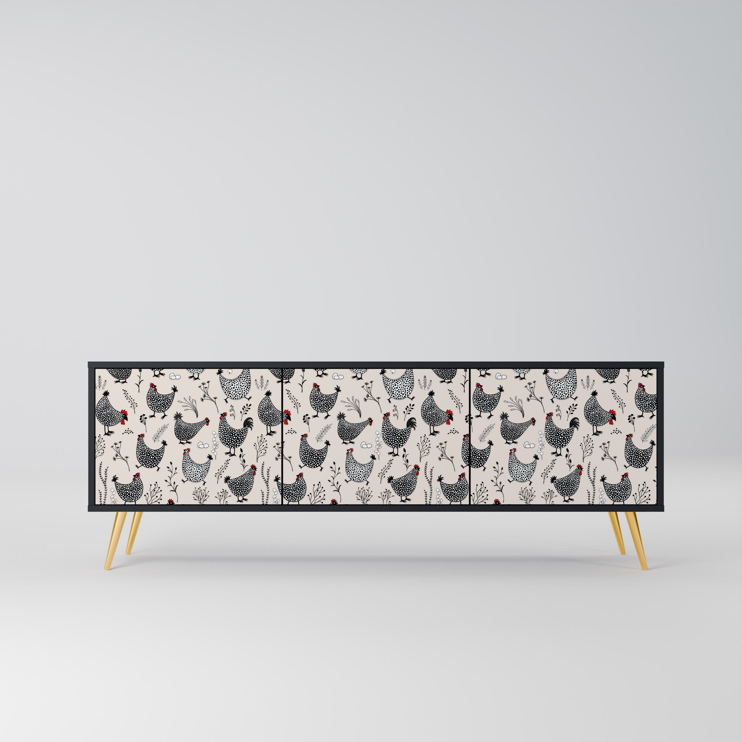 HAPPY HENS 3-Door TV Stand in Black Finish
