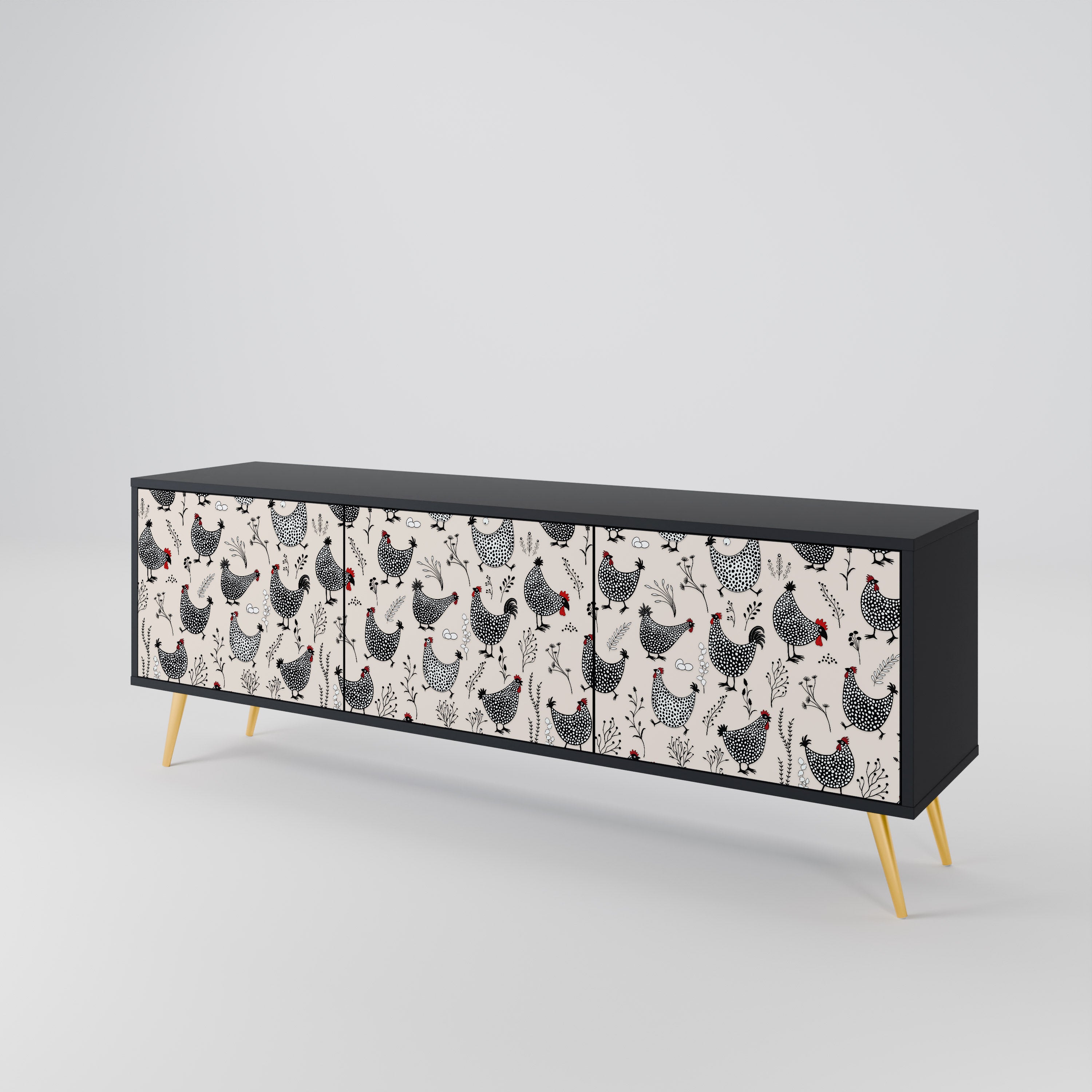 HAPPY HENS 3-Door TV Stand in Black Finish