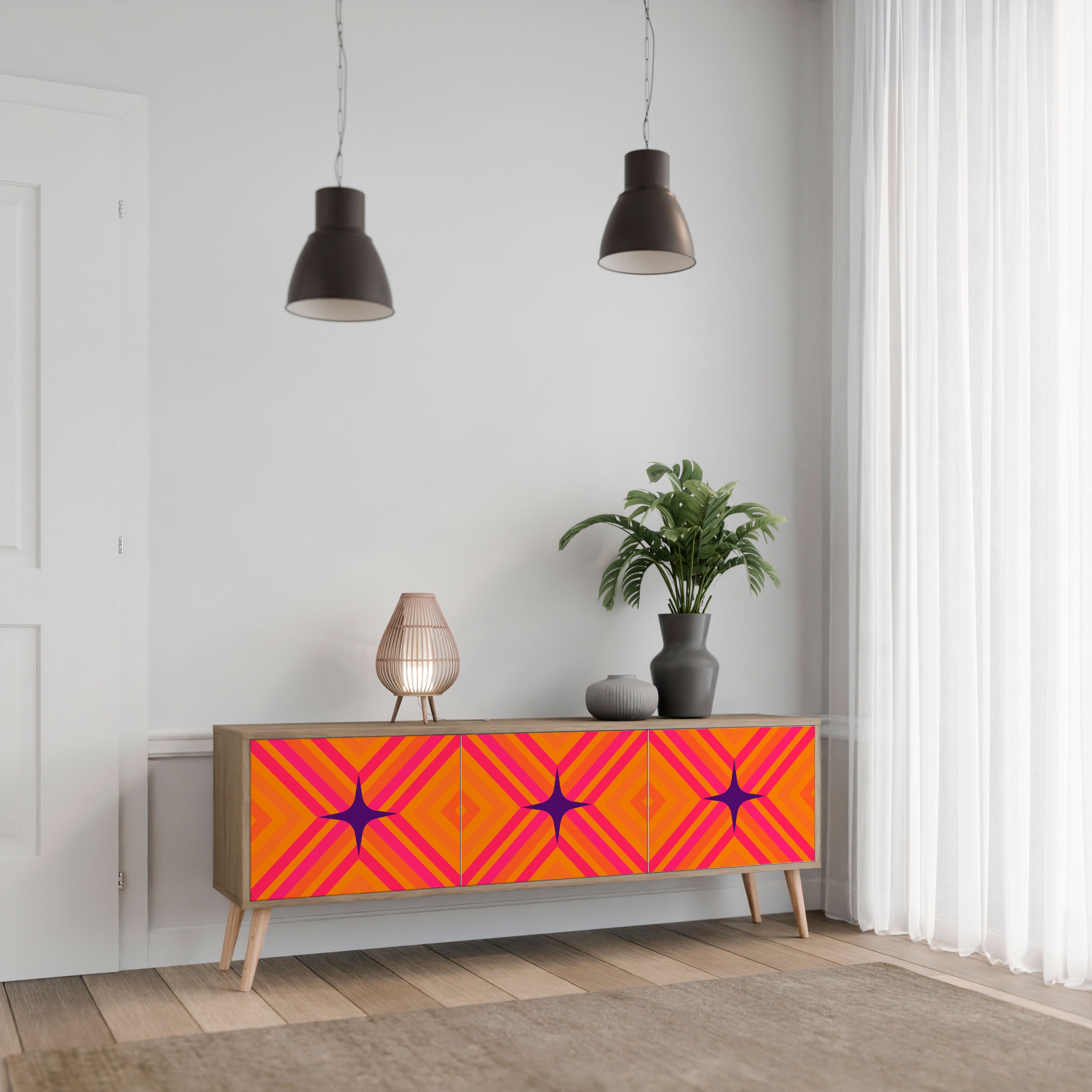 GEOMETRIC BRILLIANCE 3-Door TV Stand in Oak Effect
