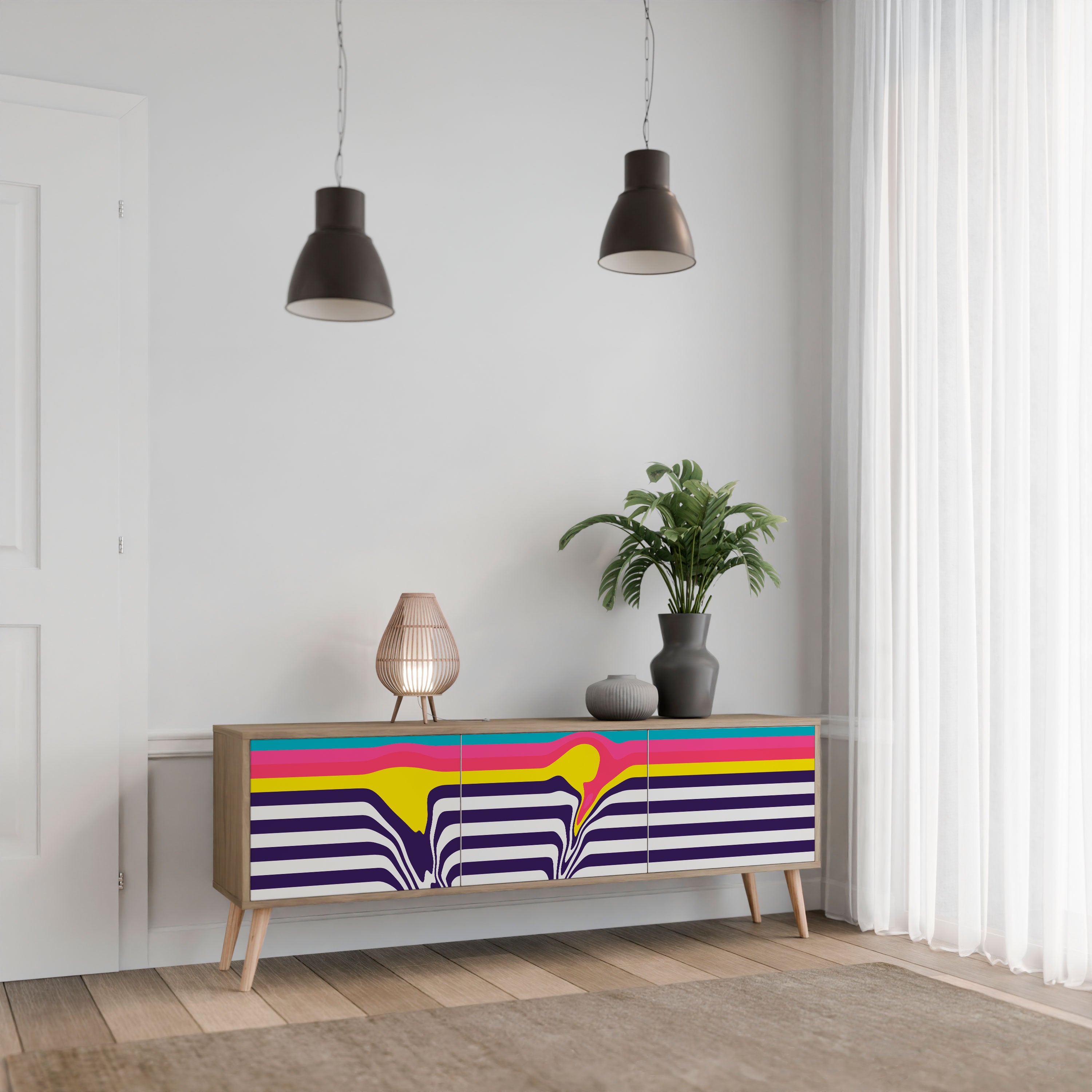 COLORFUL DIVERSION 3-Door TV Stand in Oak Effect