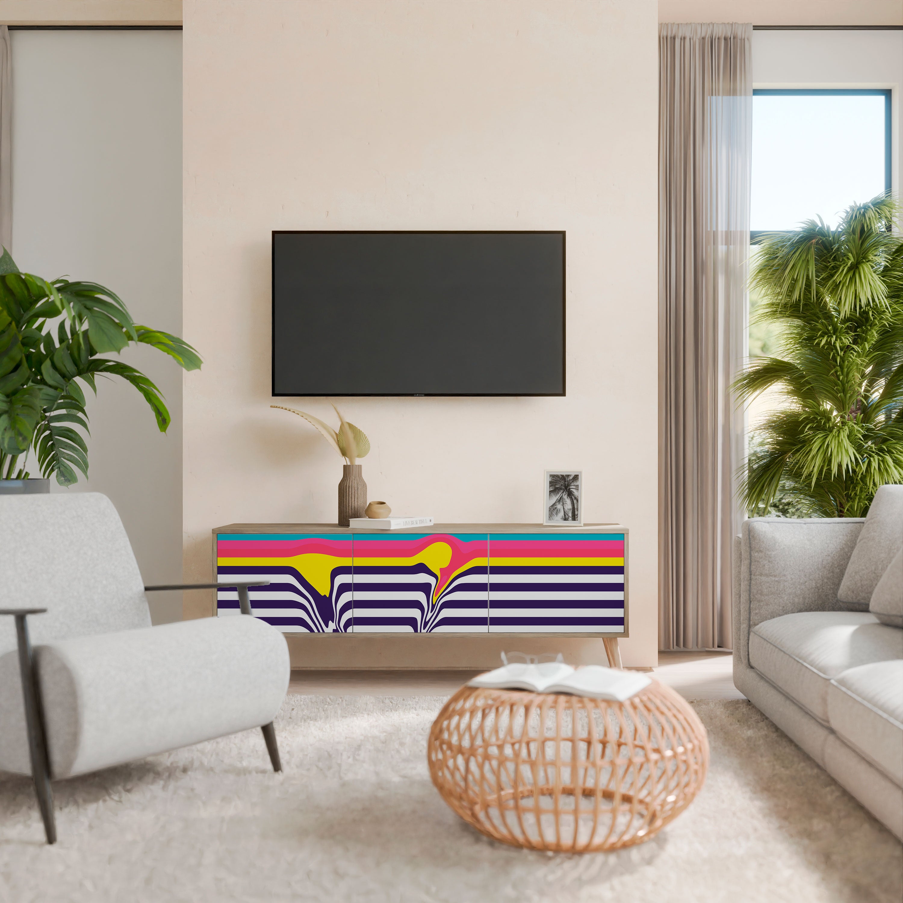 COLORFUL DIVERSION 3-Door TV Stand in Oak Effect