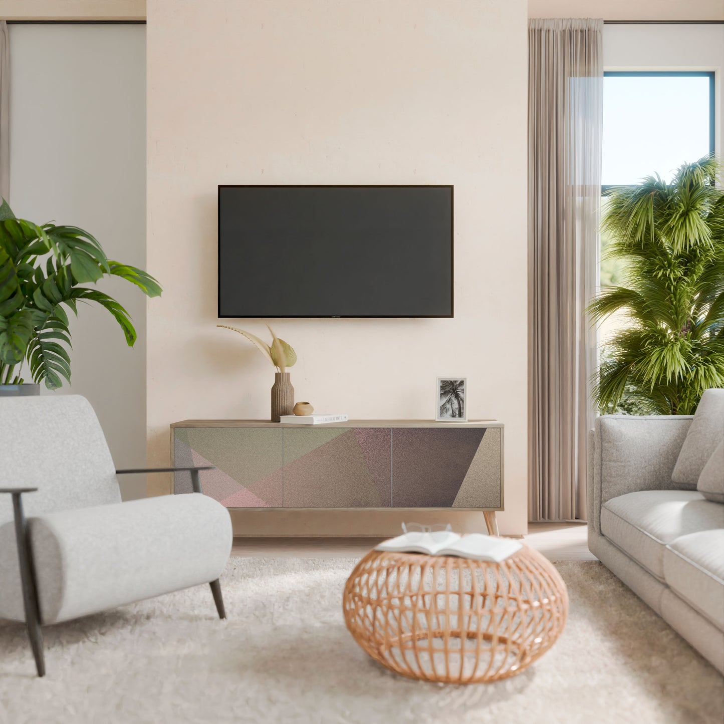 BEIGE GEOMETRY Mueble de TV de 3 Puertas