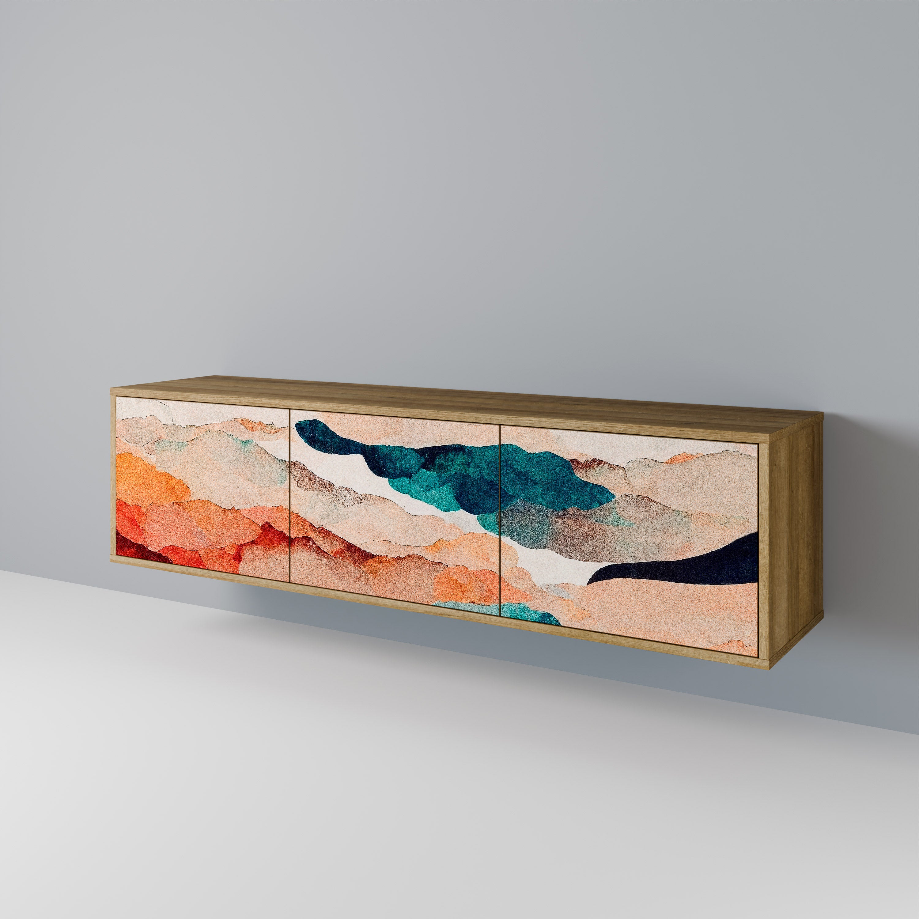 Mueble de TV de 3 puertas PAISAJE ABSTRACTO efecto roble