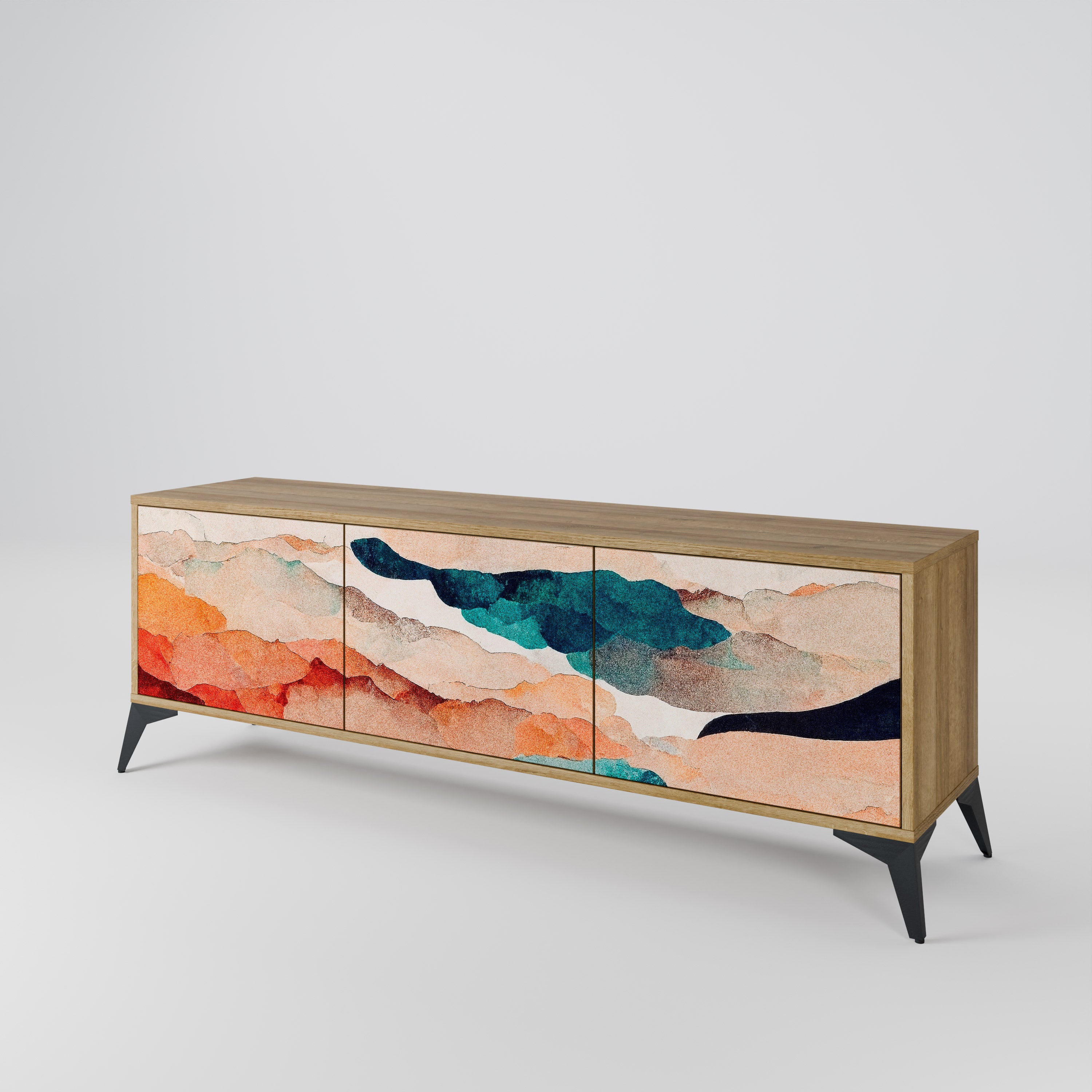 Mueble de TV de 3 puertas PAISAJE ABSTRACTO efecto roble