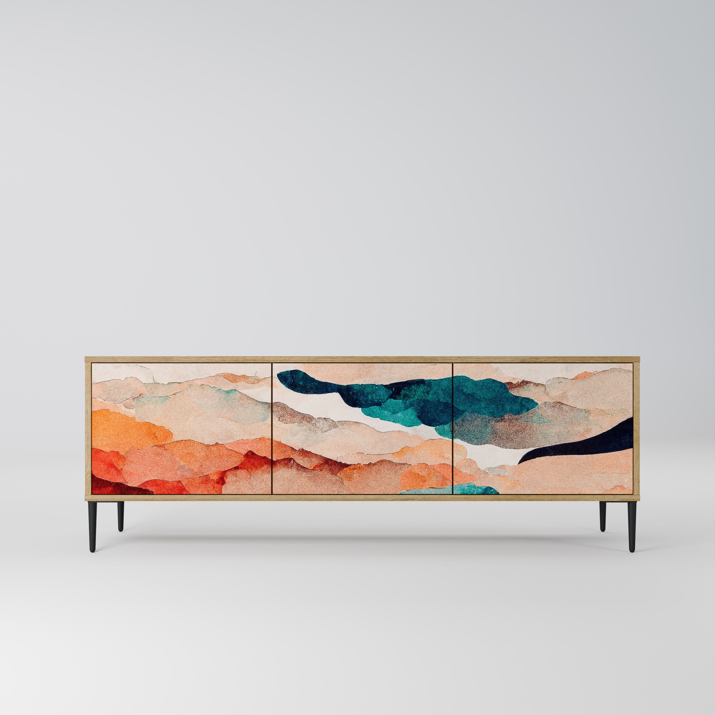 Mueble de TV de 3 puertas PAISAJE ABSTRACTO efecto roble