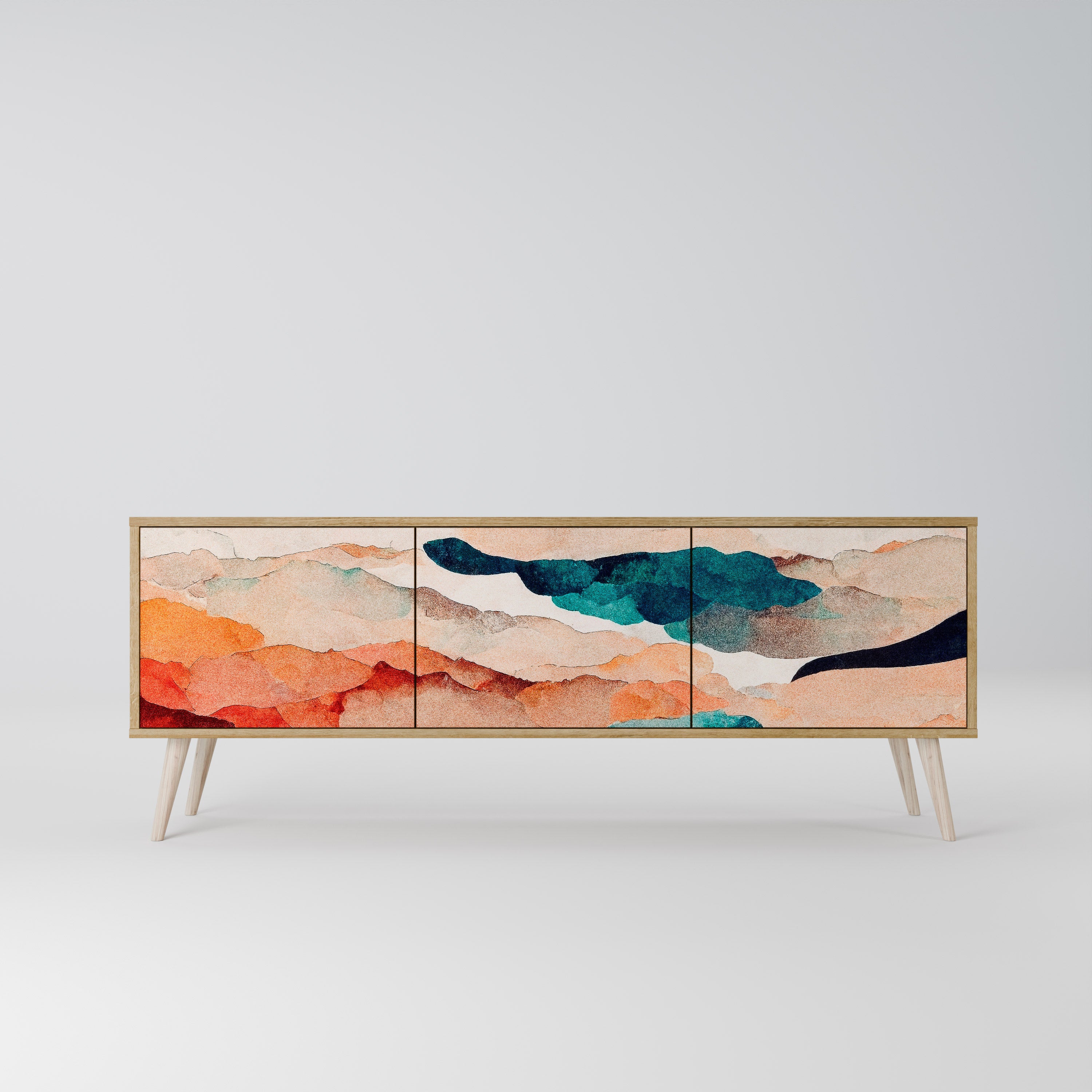 Mueble de TV de 3 puertas PAISAJE ABSTRACTO efecto roble