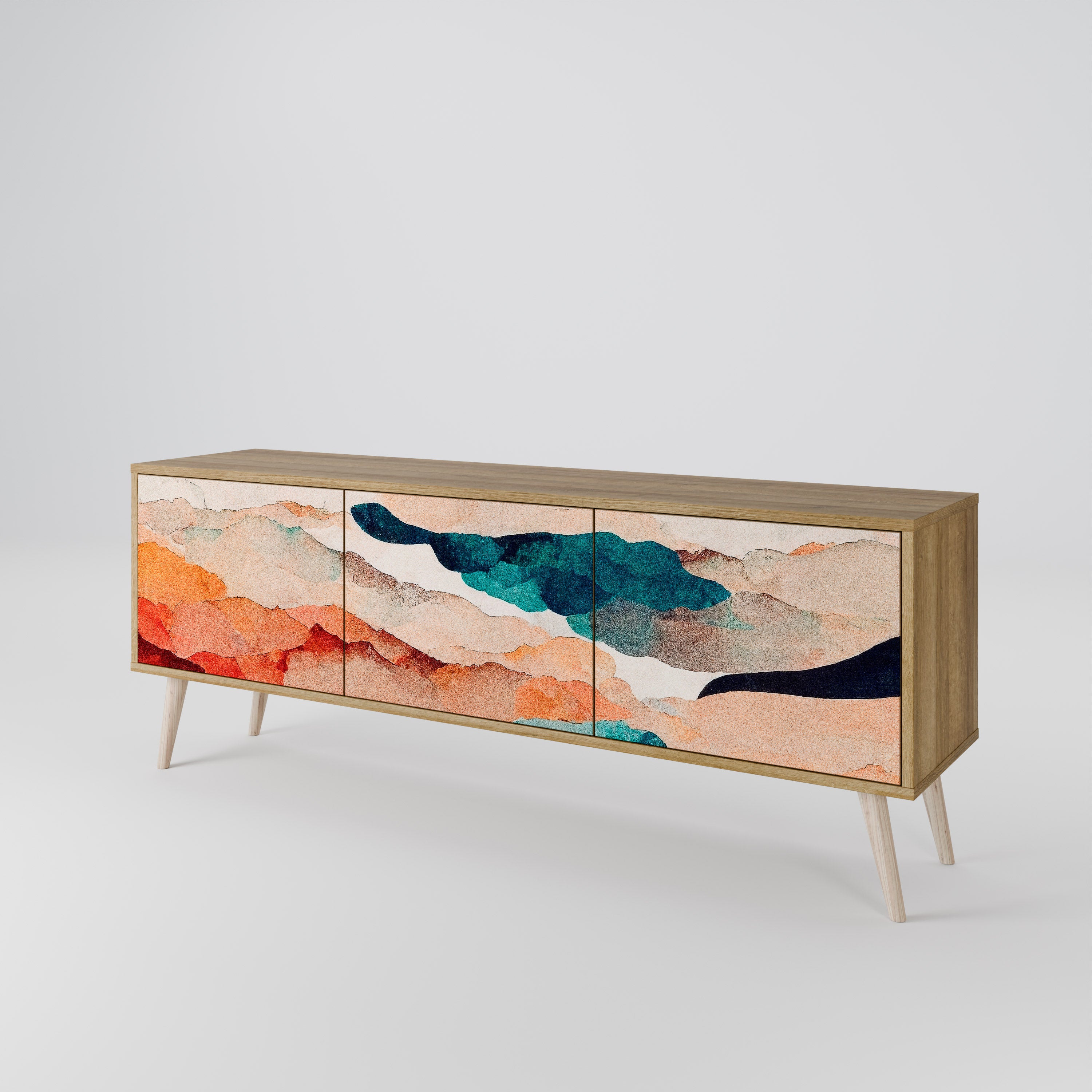 Mueble de TV de 3 puertas PAISAJE ABSTRACTO efecto roble