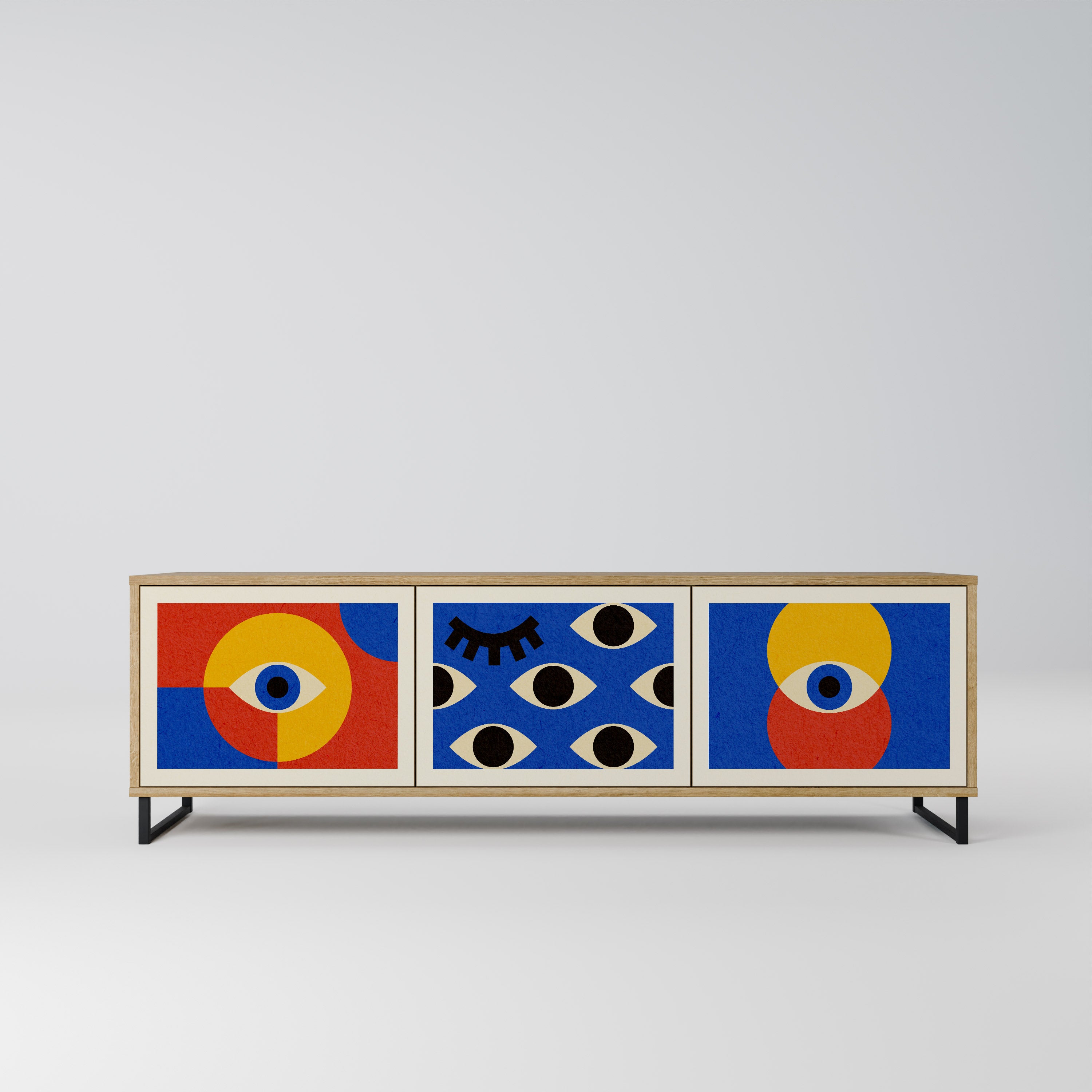 GEOMETRIC EYES 3-Door TV Stand in Oak Effect