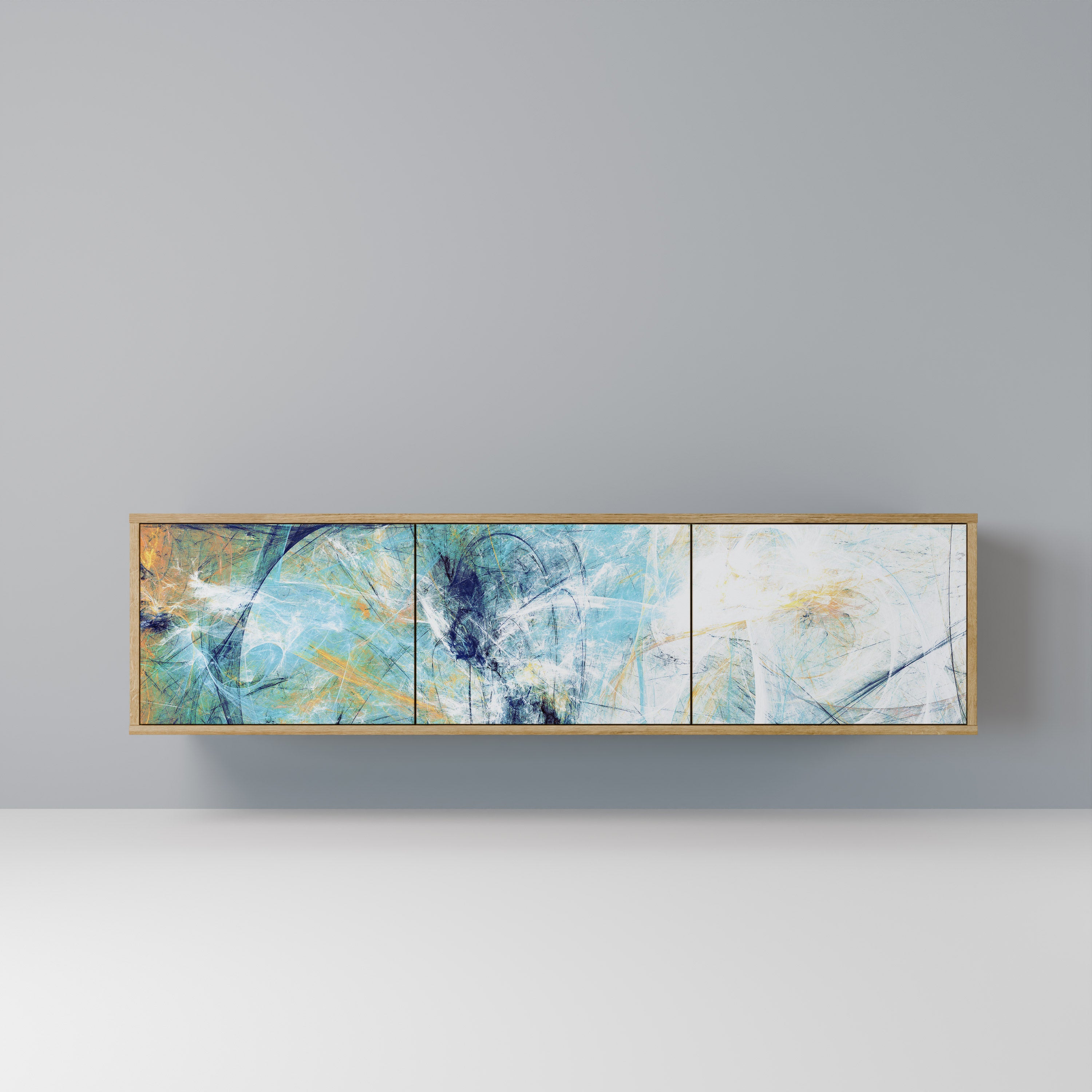 PENSAMIENTOS ABSTRACTOS Mueble de TV de 3 puertas en efecto roble