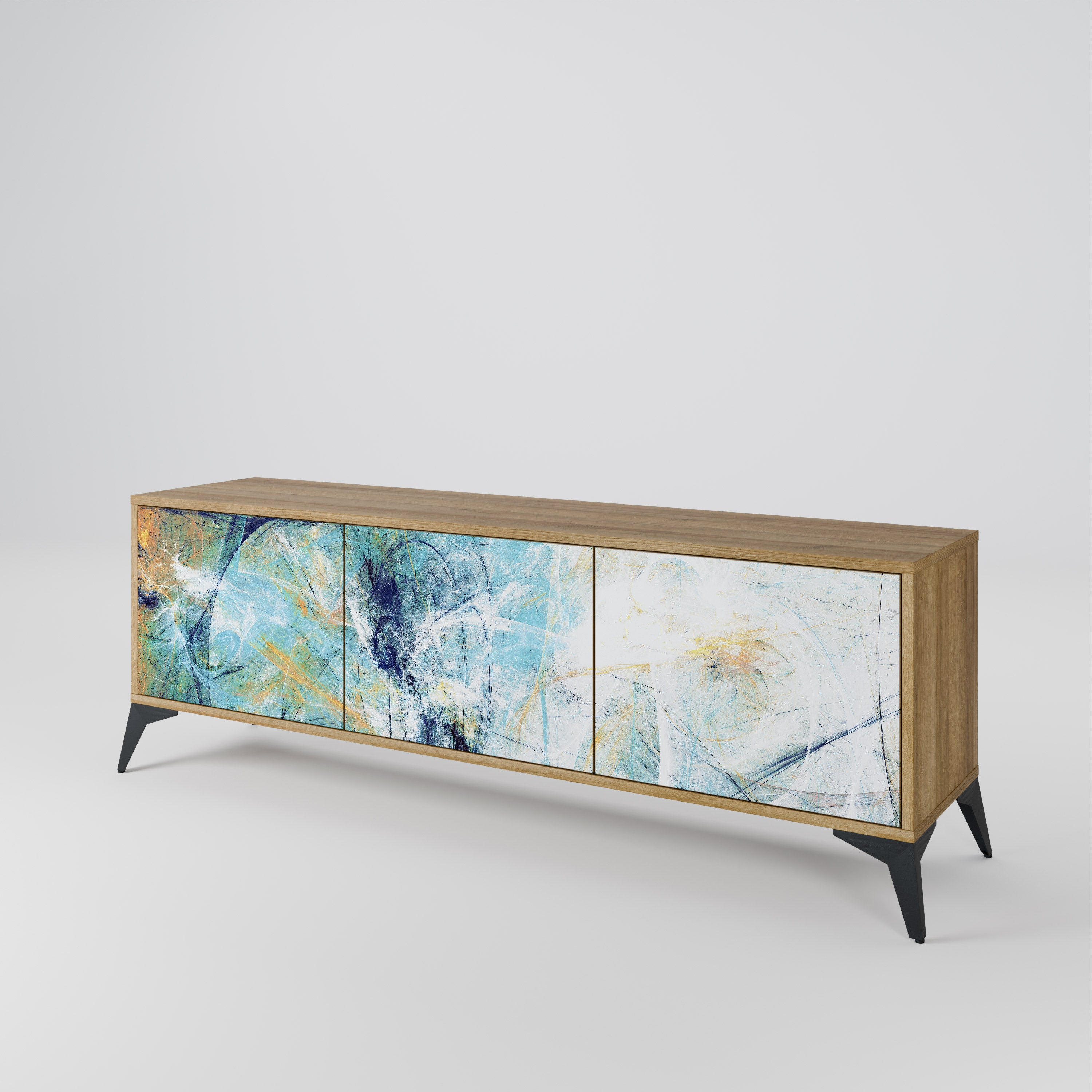 PENSAMIENTOS ABSTRACTOS Mueble de TV de 3 puertas en efecto roble