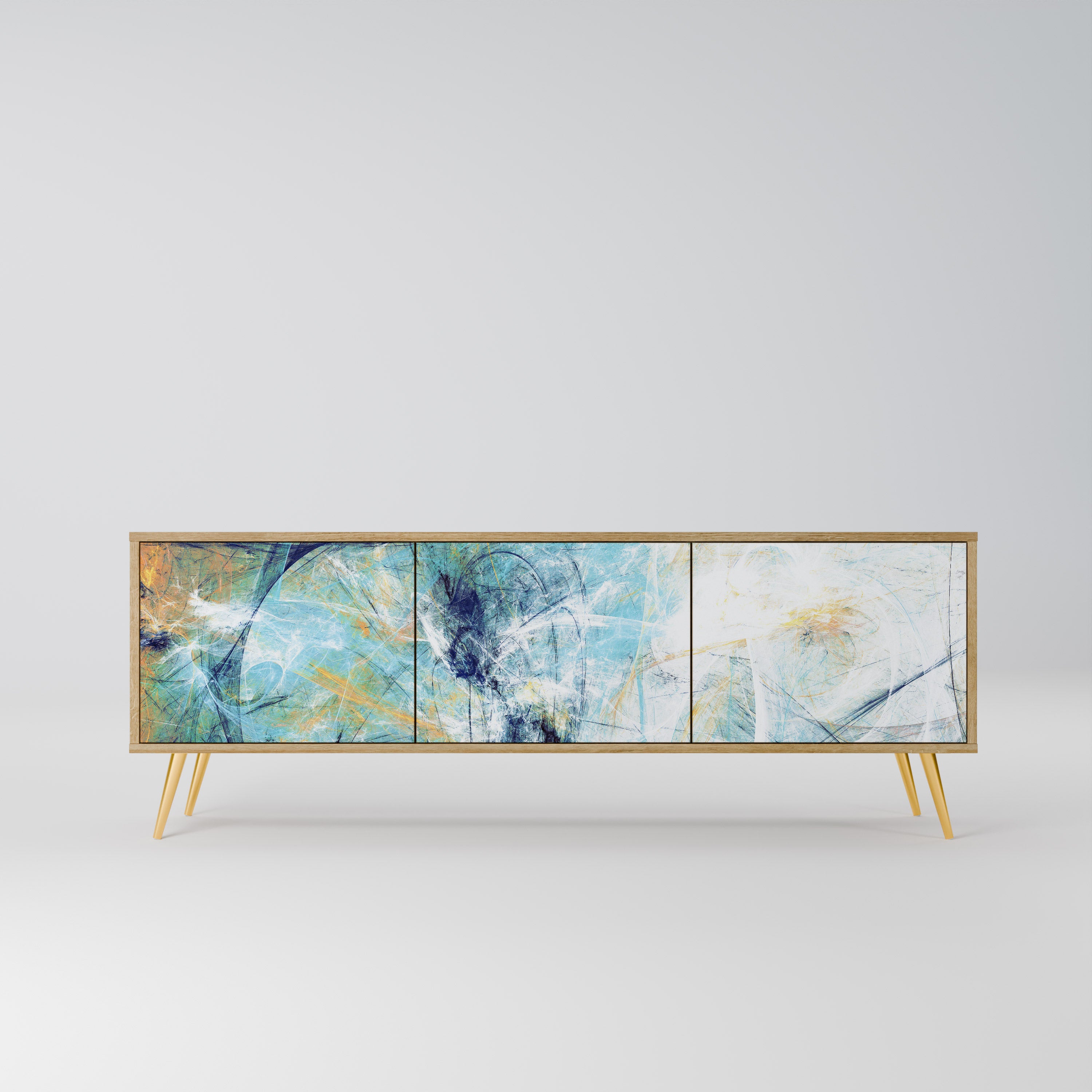PENSAMIENTOS ABSTRACTOS Mueble de TV de 3 puertas en efecto roble