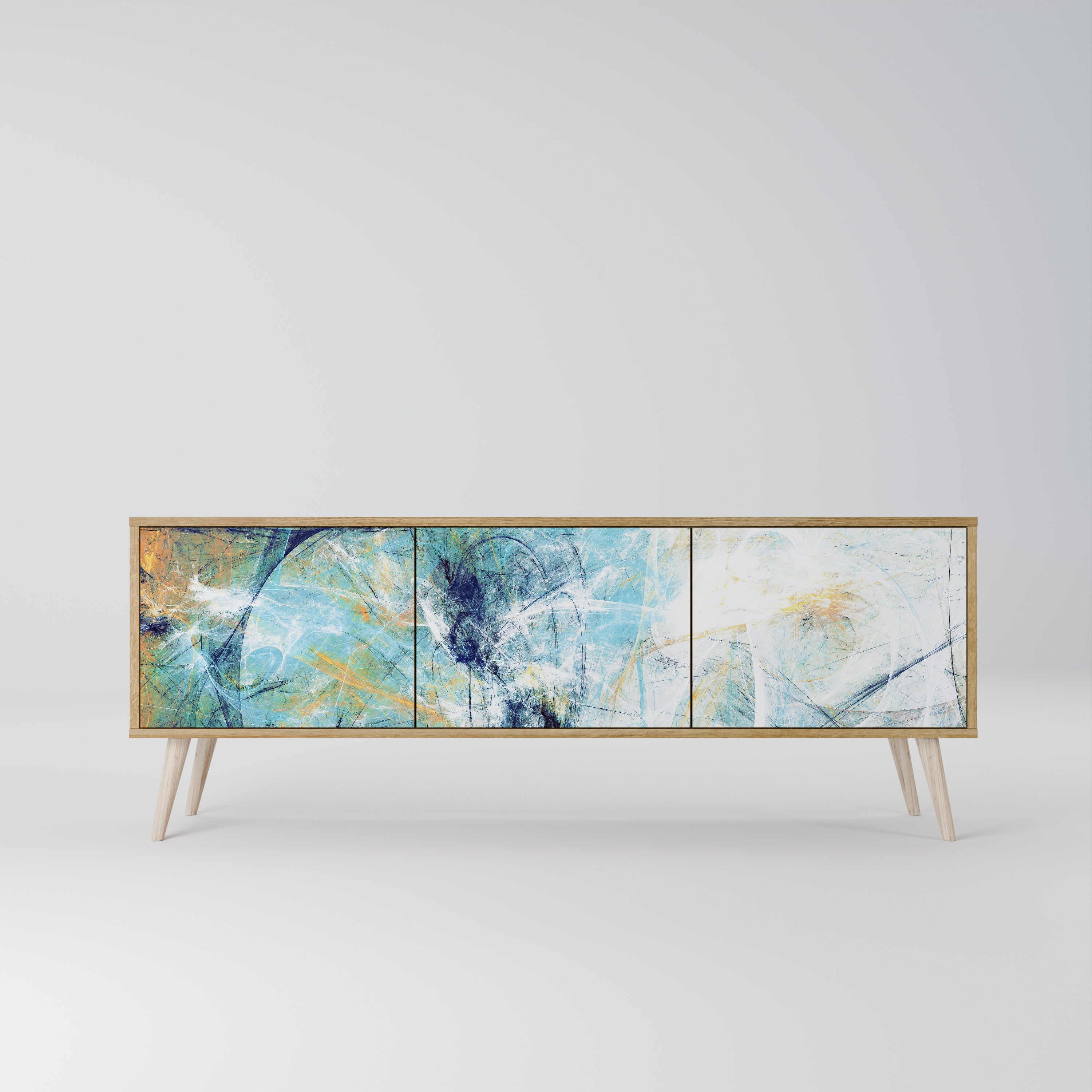 PENSAMIENTOS ABSTRACTOS Mueble de TV de 3 puertas en efecto roble