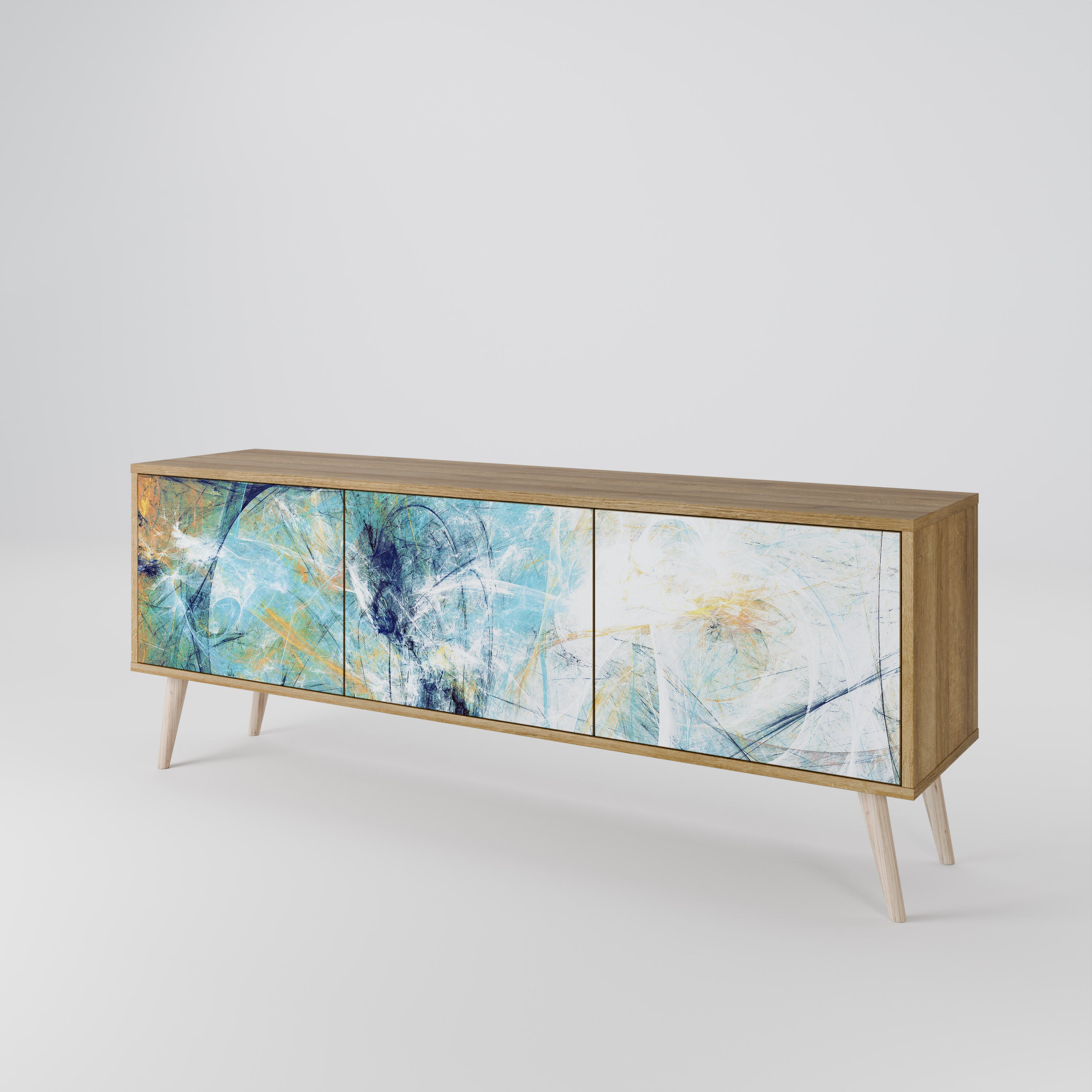 PENSAMIENTOS ABSTRACTOS Mueble de TV de 3 puertas en efecto roble