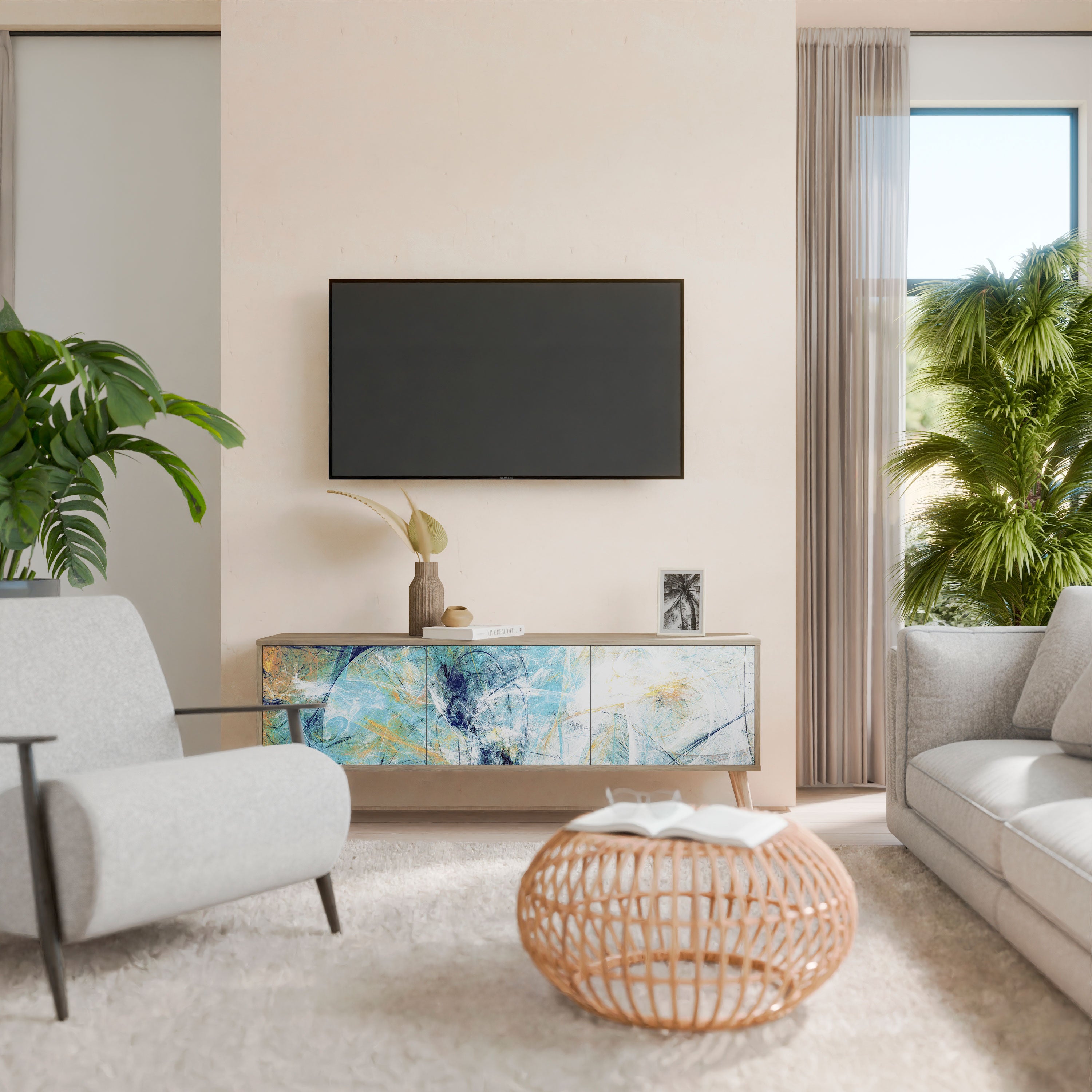 PENSAMIENTOS ABSTRACTOS Mueble de TV de 3 puertas en efecto roble
