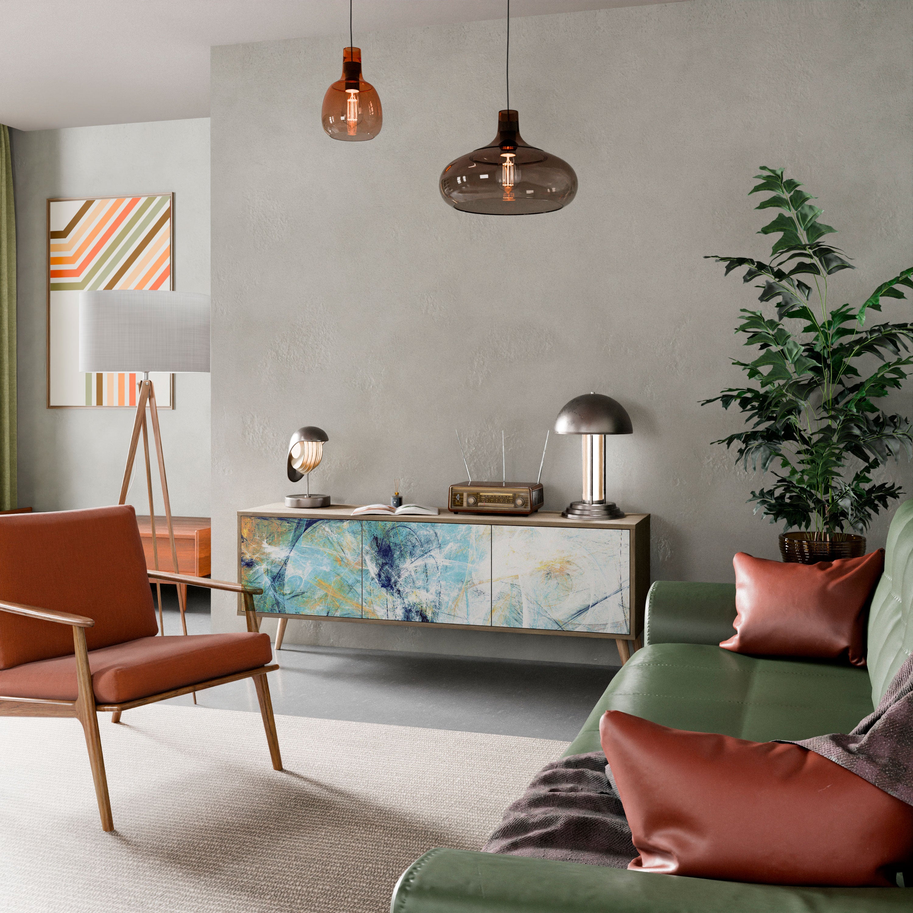 PENSAMIENTOS ABSTRACTOS Mueble de TV de 3 puertas en efecto roble