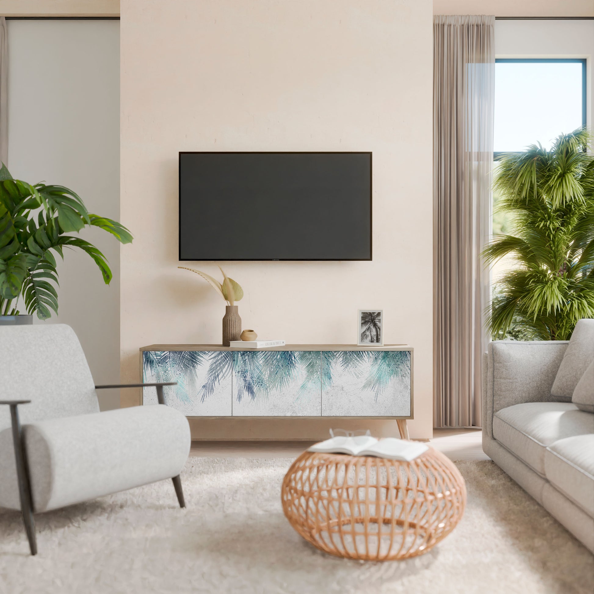 PALM VEIL 3-Door TV Stand in Oak Effect