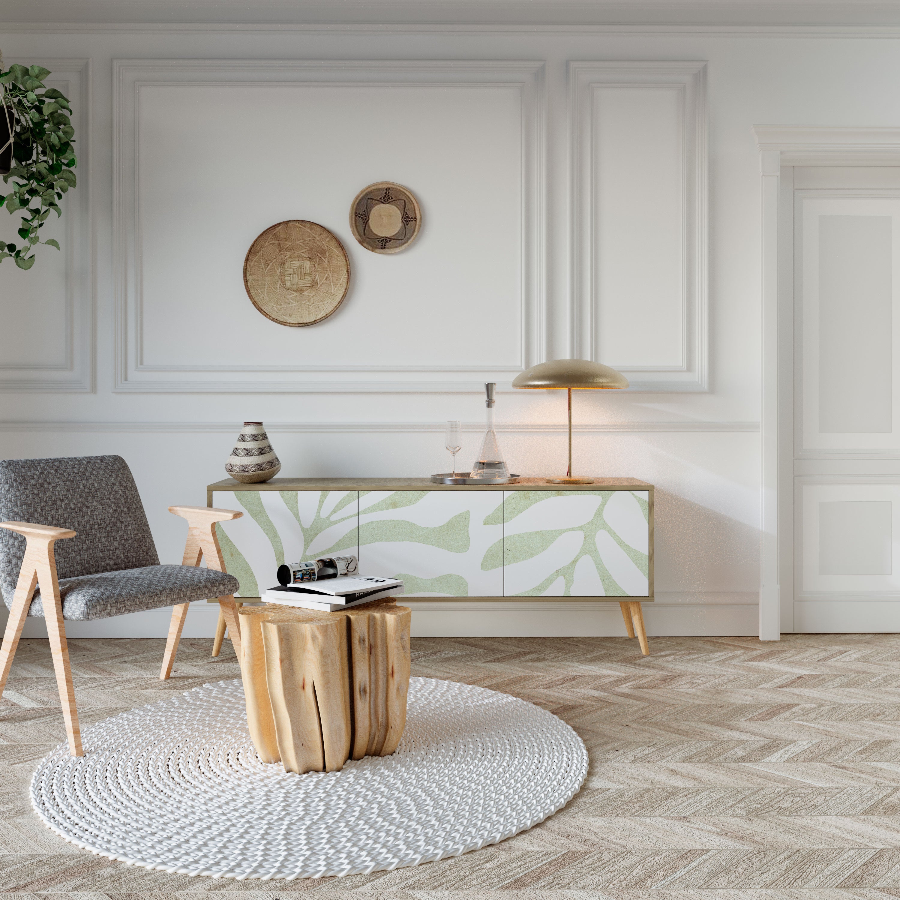Mueble de TV de 3 puertas BOTANICAL SPARK con efecto roble