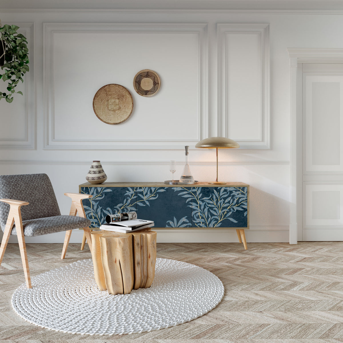 BLUE LEAVES Mueble de TV de 3 Puertas