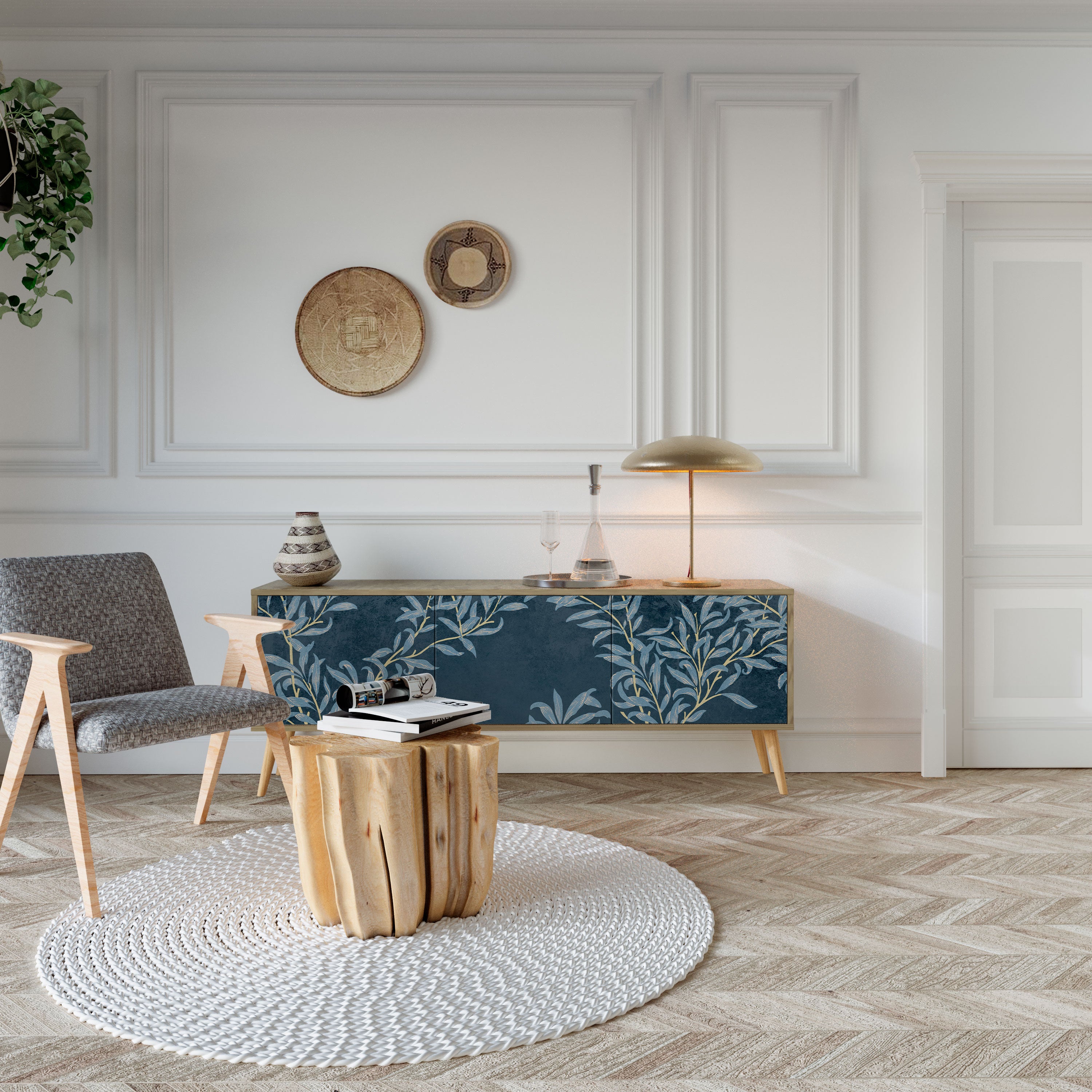 Mueble de TV de 3 puertas BLUE LEAVES con efecto roble
