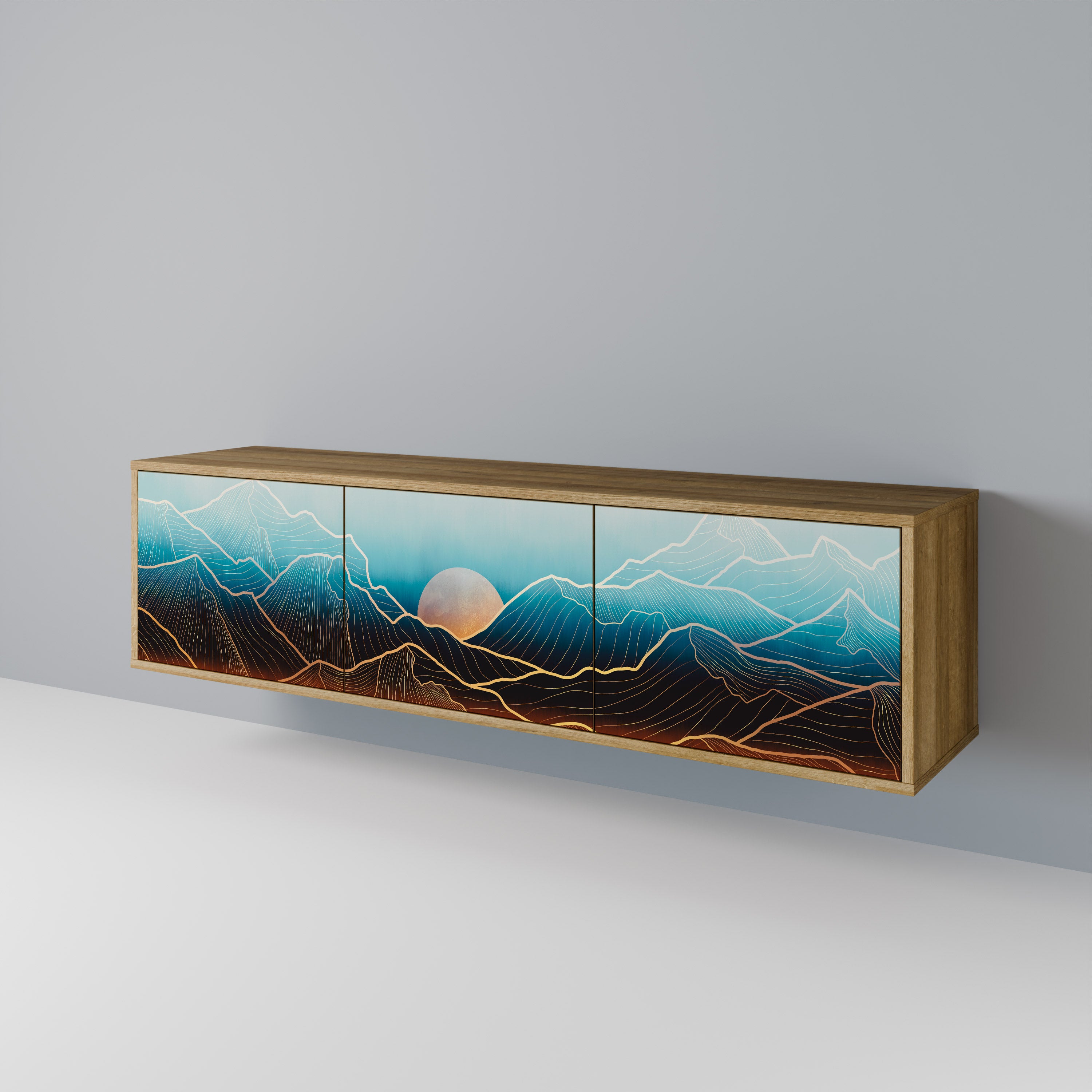 Mueble de TV de 3 puertas LUNAR SECRETS con efecto roble
