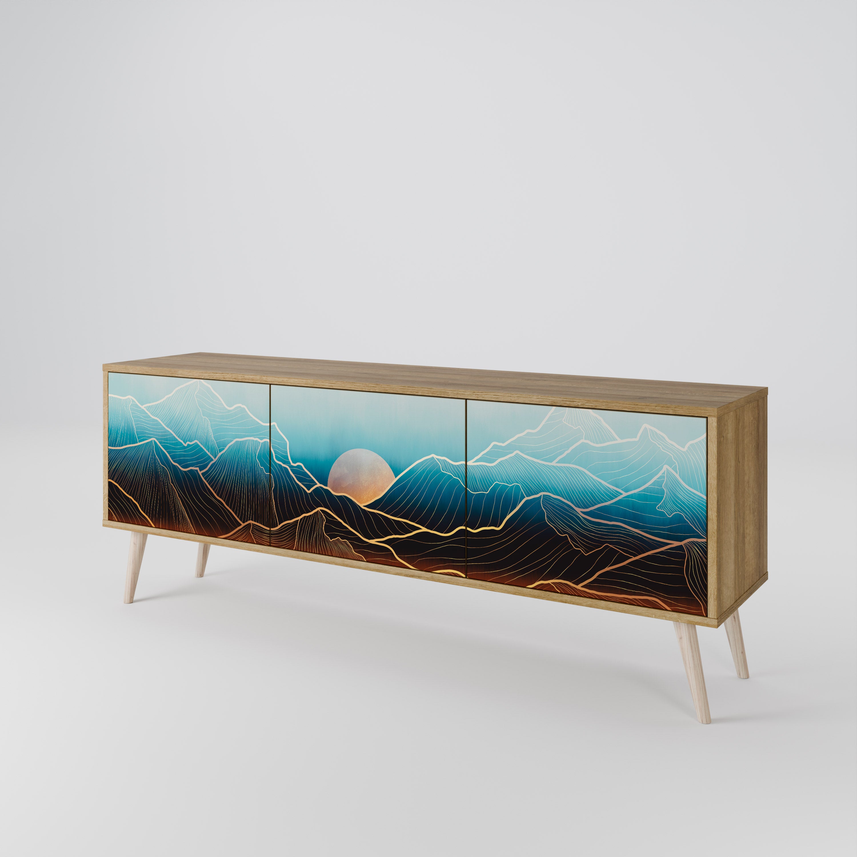 Mueble de TV de 3 puertas LUNAR SECRETS con efecto roble