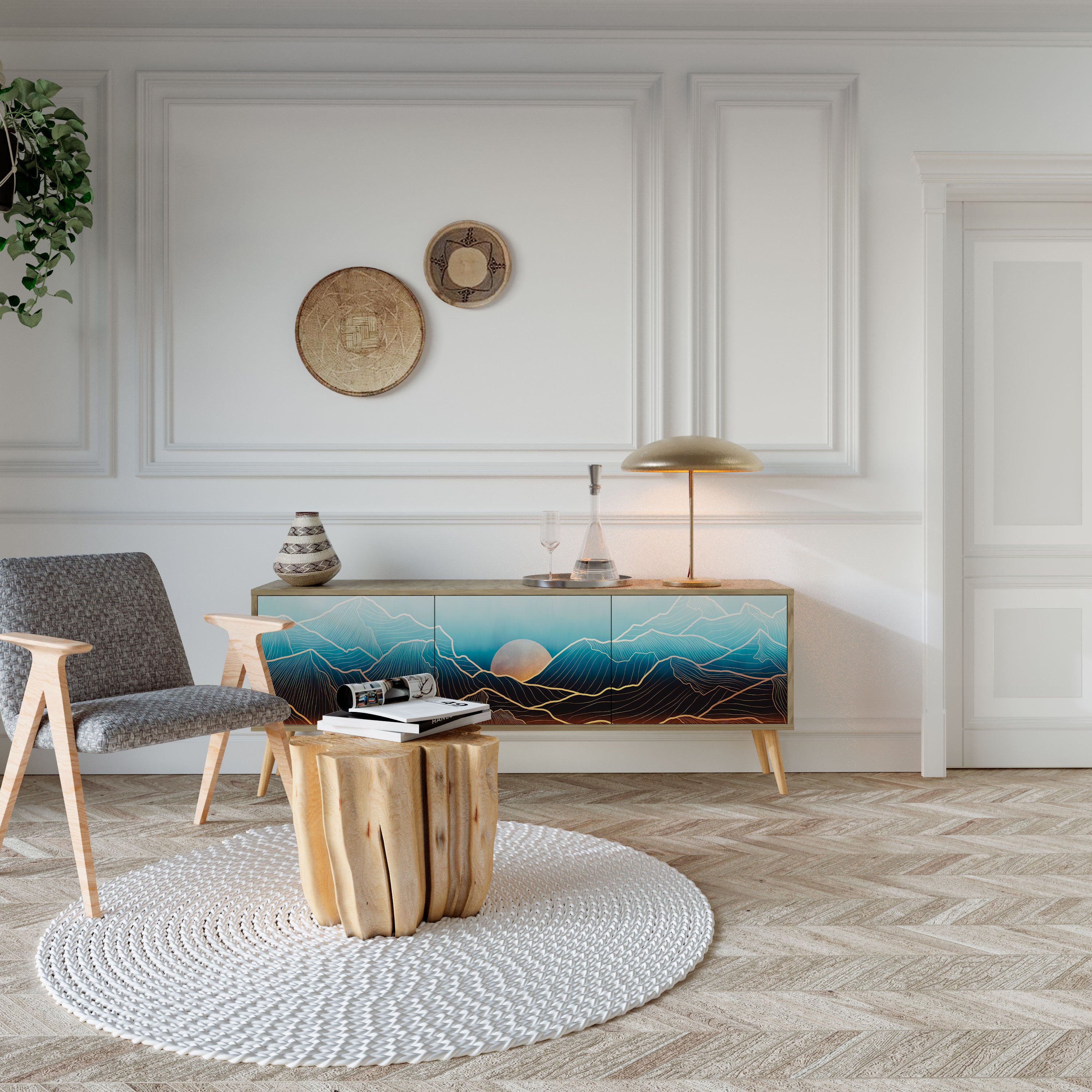Mueble de TV de 3 puertas LUNAR SECRETS con efecto roble