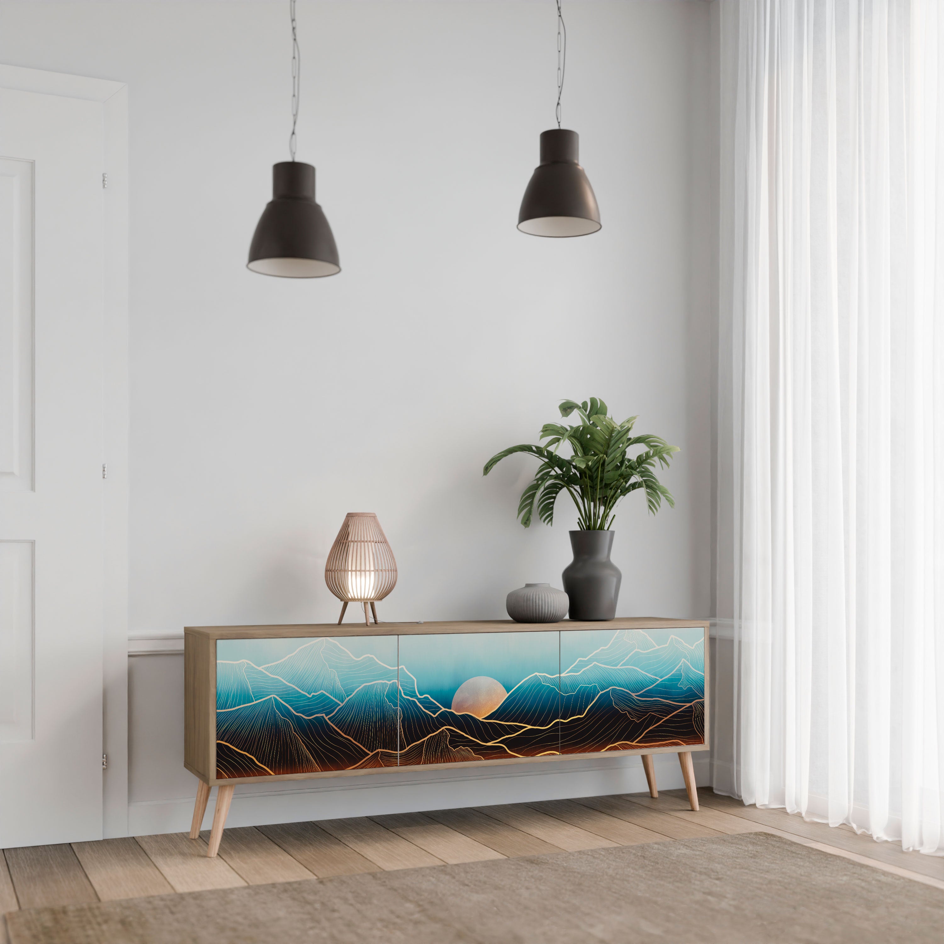 Mueble de TV de 3 puertas LUNAR SECRETS con efecto roble