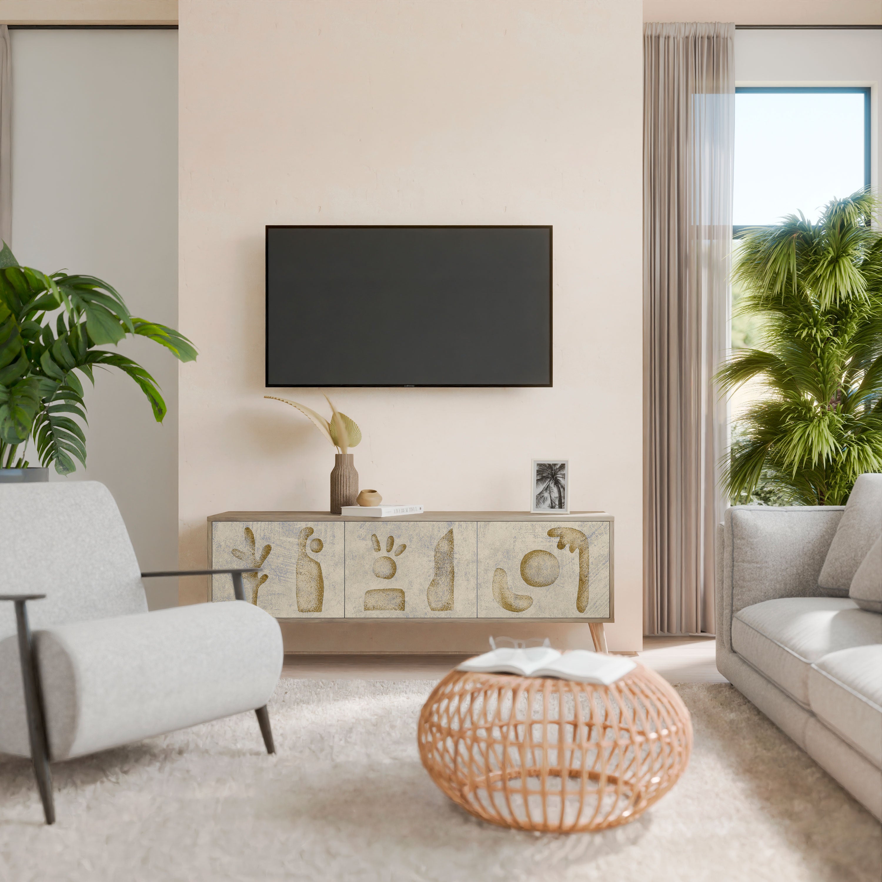 SAND SCULPTURES Mueble de TV de 3 puertas con efecto roble