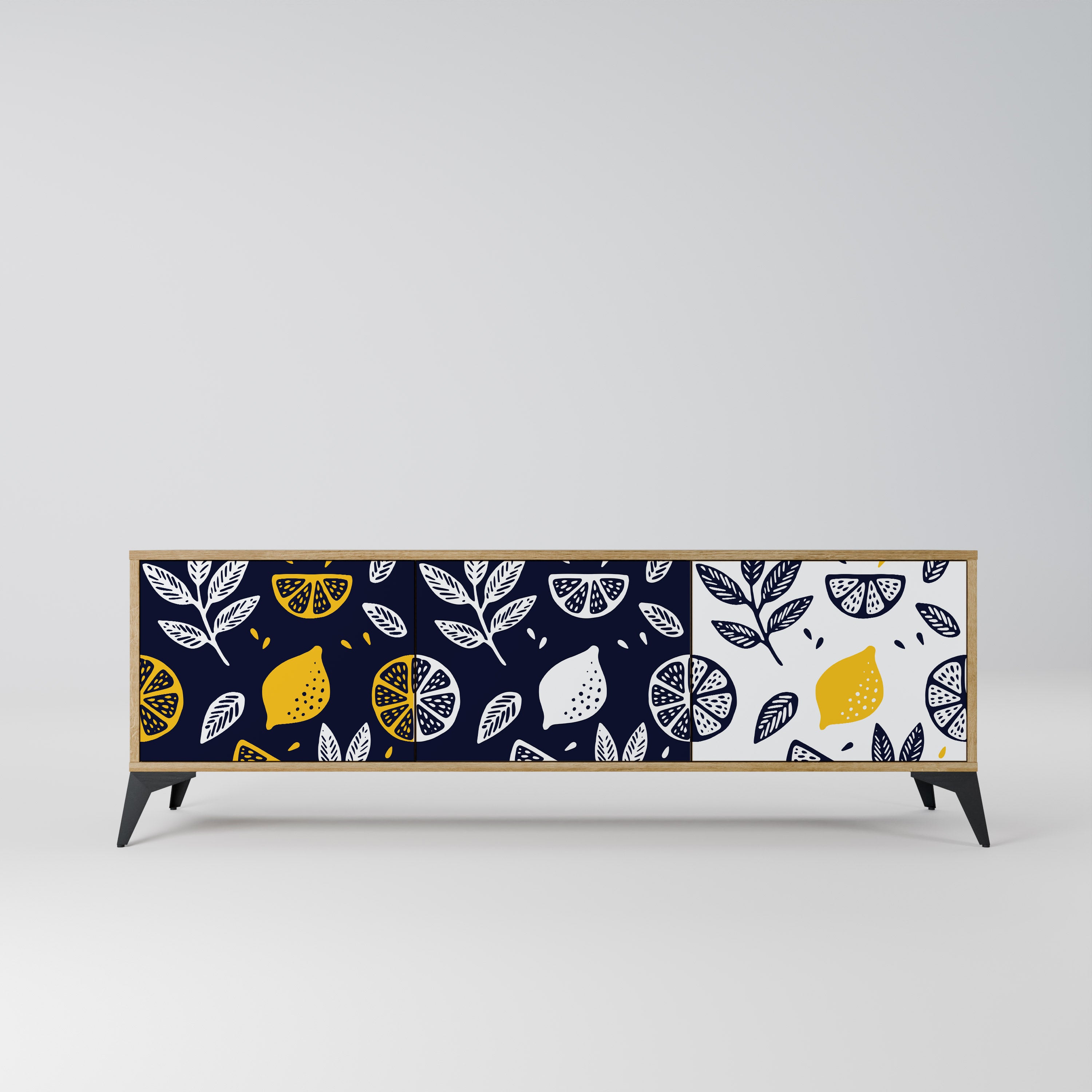 Mueble de TV de 3 puertas en blanco y negro con efecto roble CITRUS