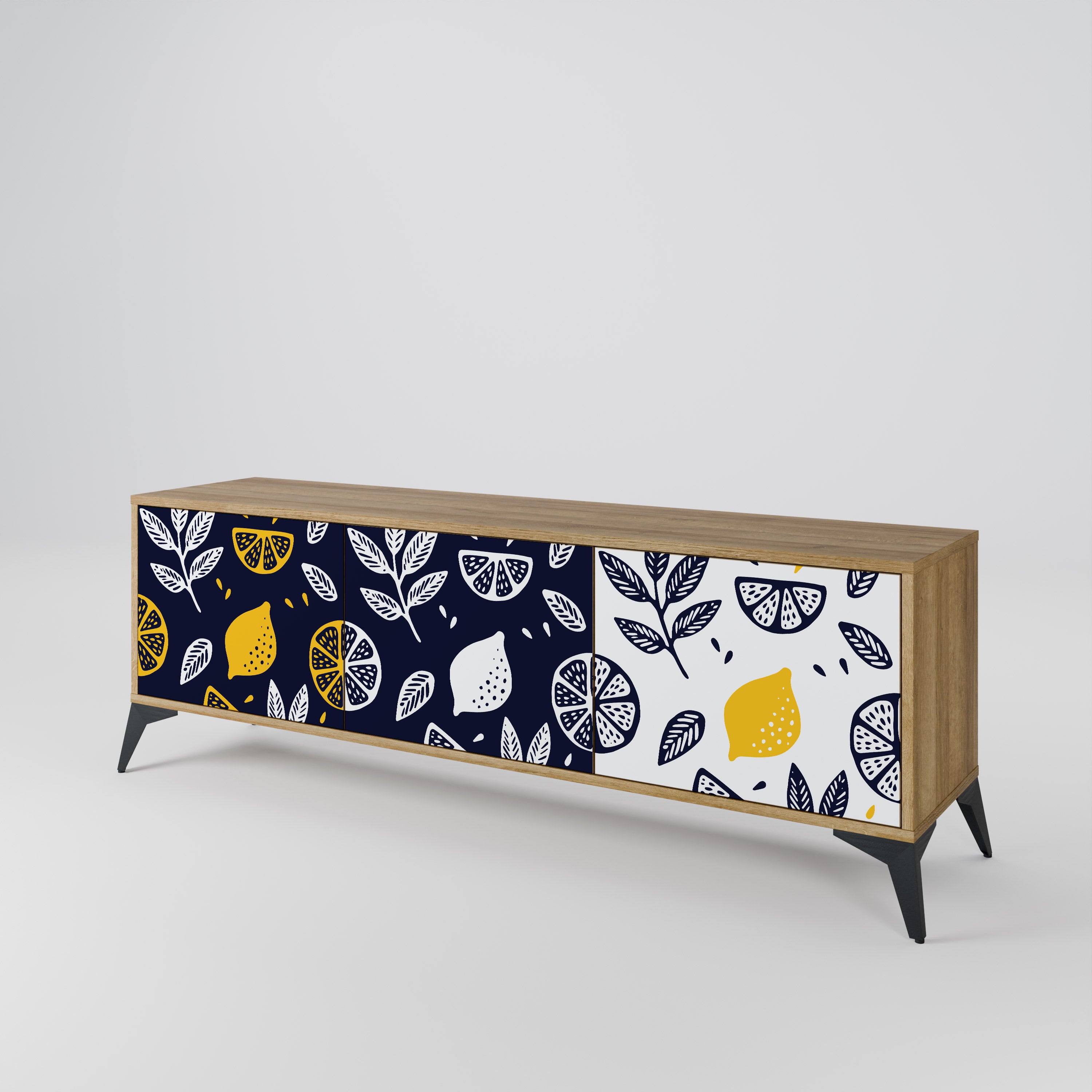 Mueble de TV de 3 puertas en blanco y negro con efecto roble CITRUS