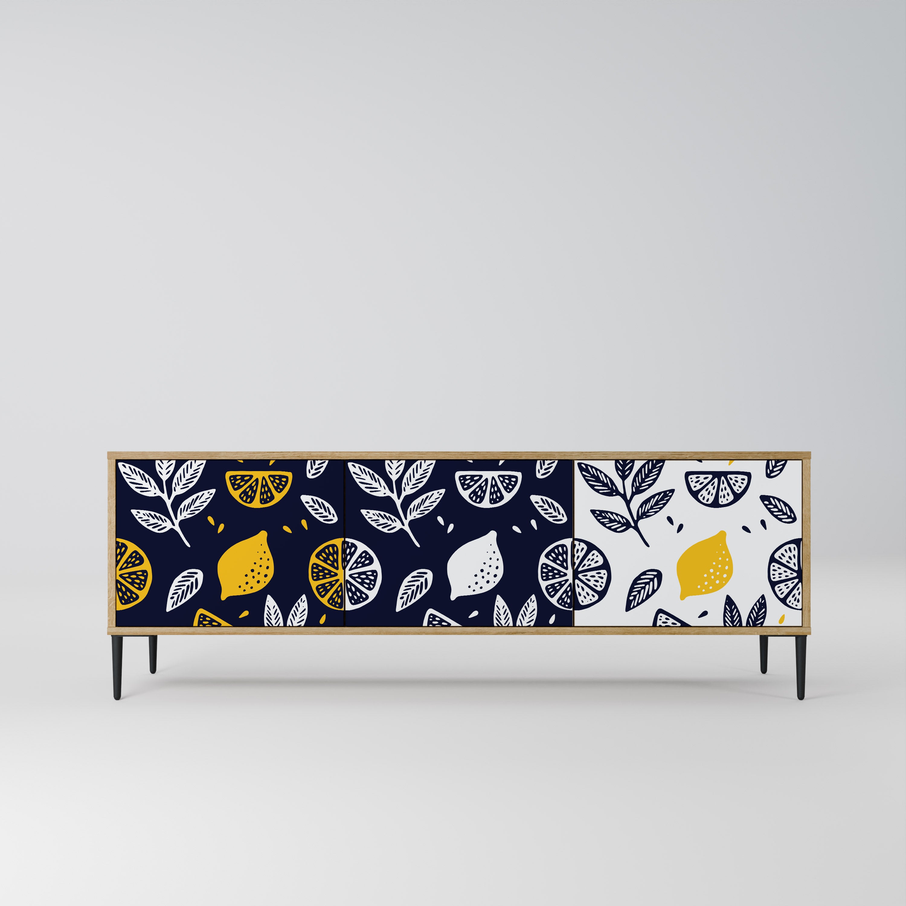 Mueble de TV de 3 puertas en blanco y negro con efecto roble CITRUS