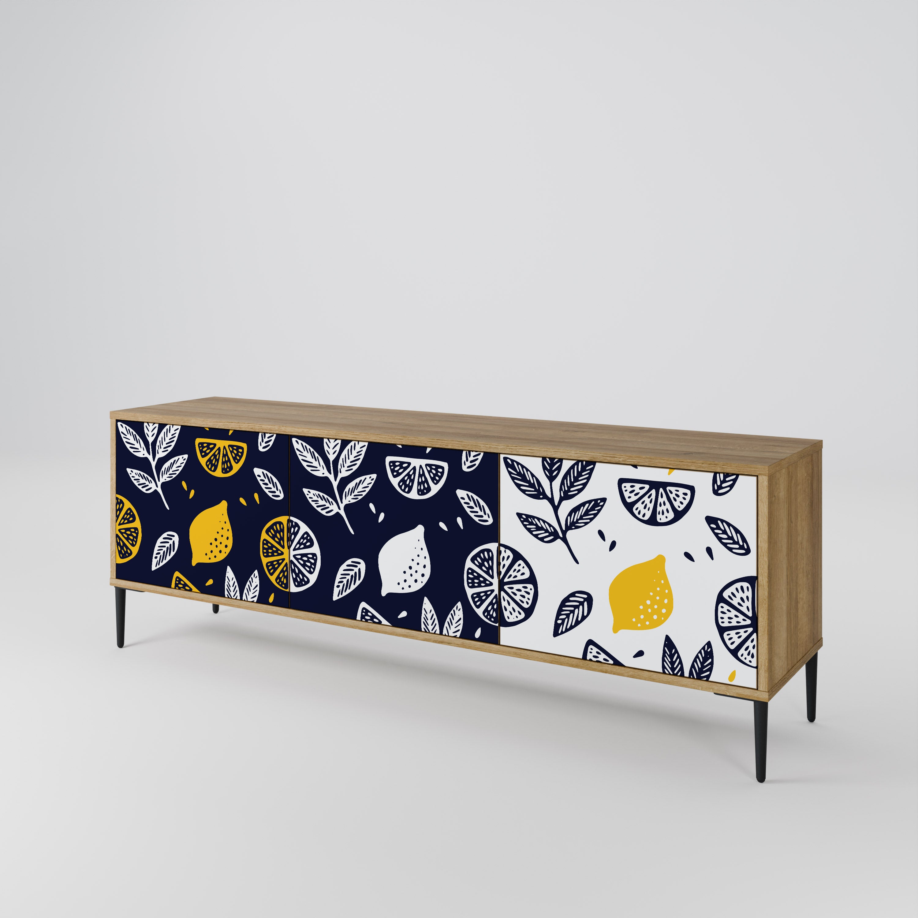 Mueble de TV de 3 puertas en blanco y negro con efecto roble CITRUS