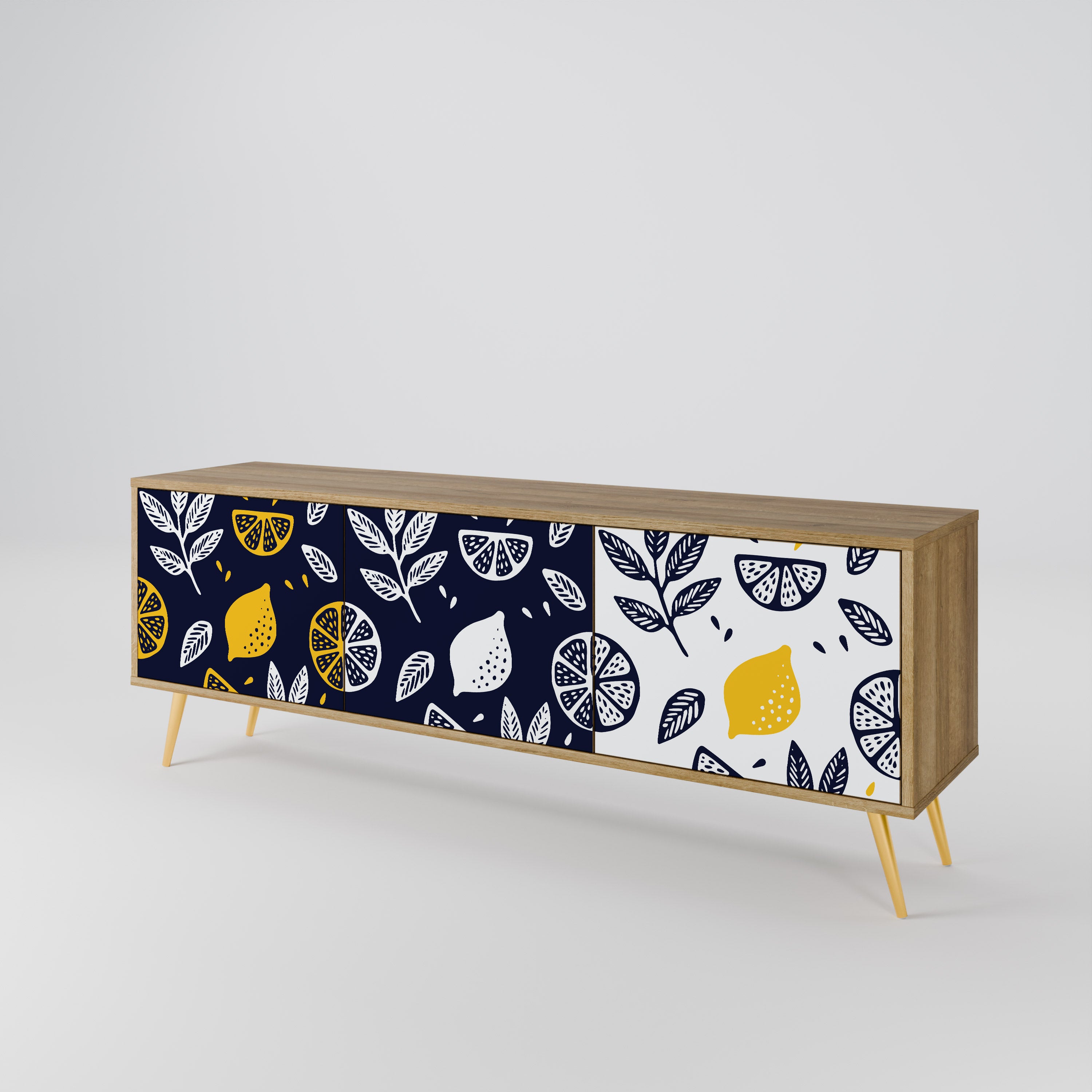 Mueble de TV de 3 puertas en blanco y negro con efecto roble CITRUS