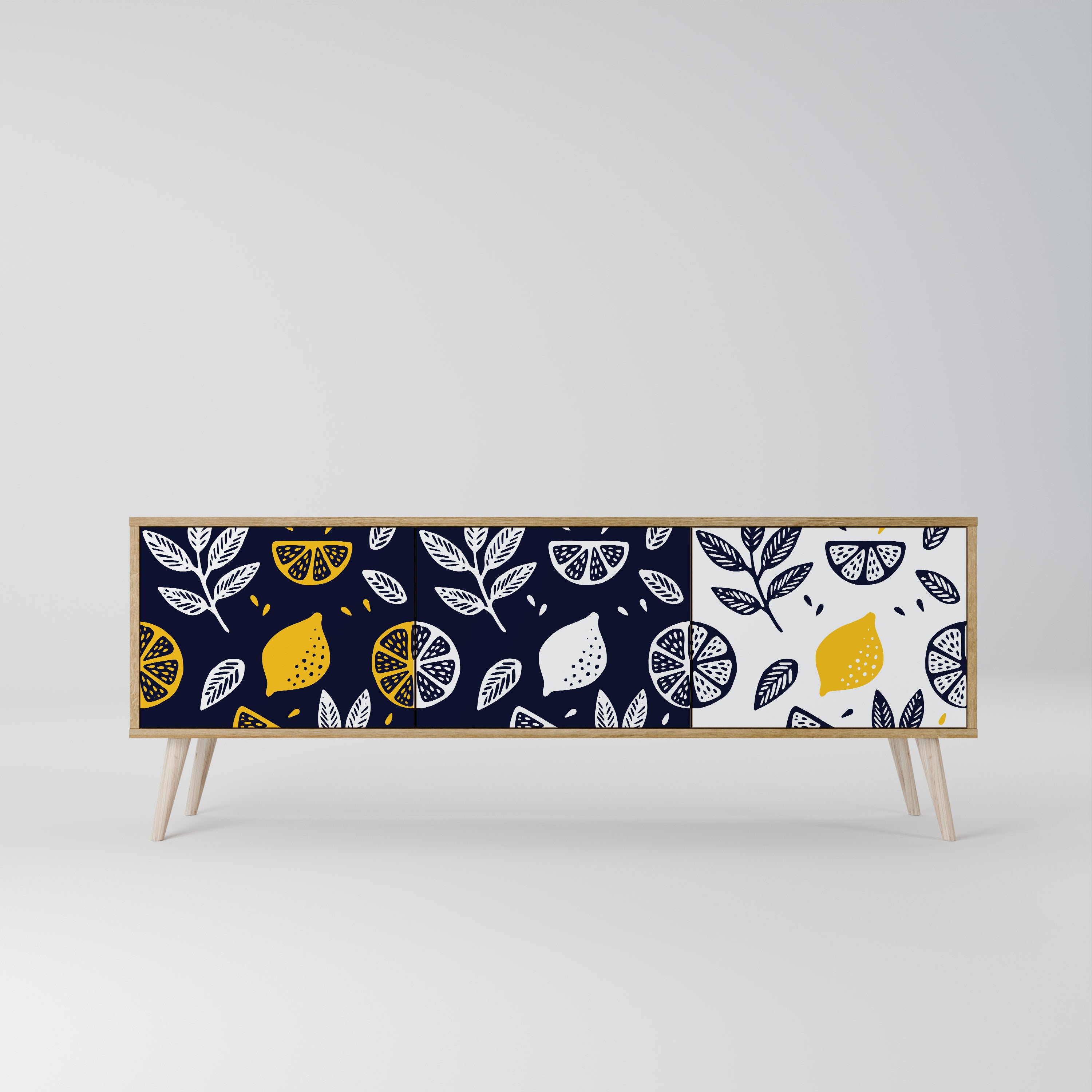 Mueble de TV de 3 puertas en blanco y negro con efecto roble CITRUS