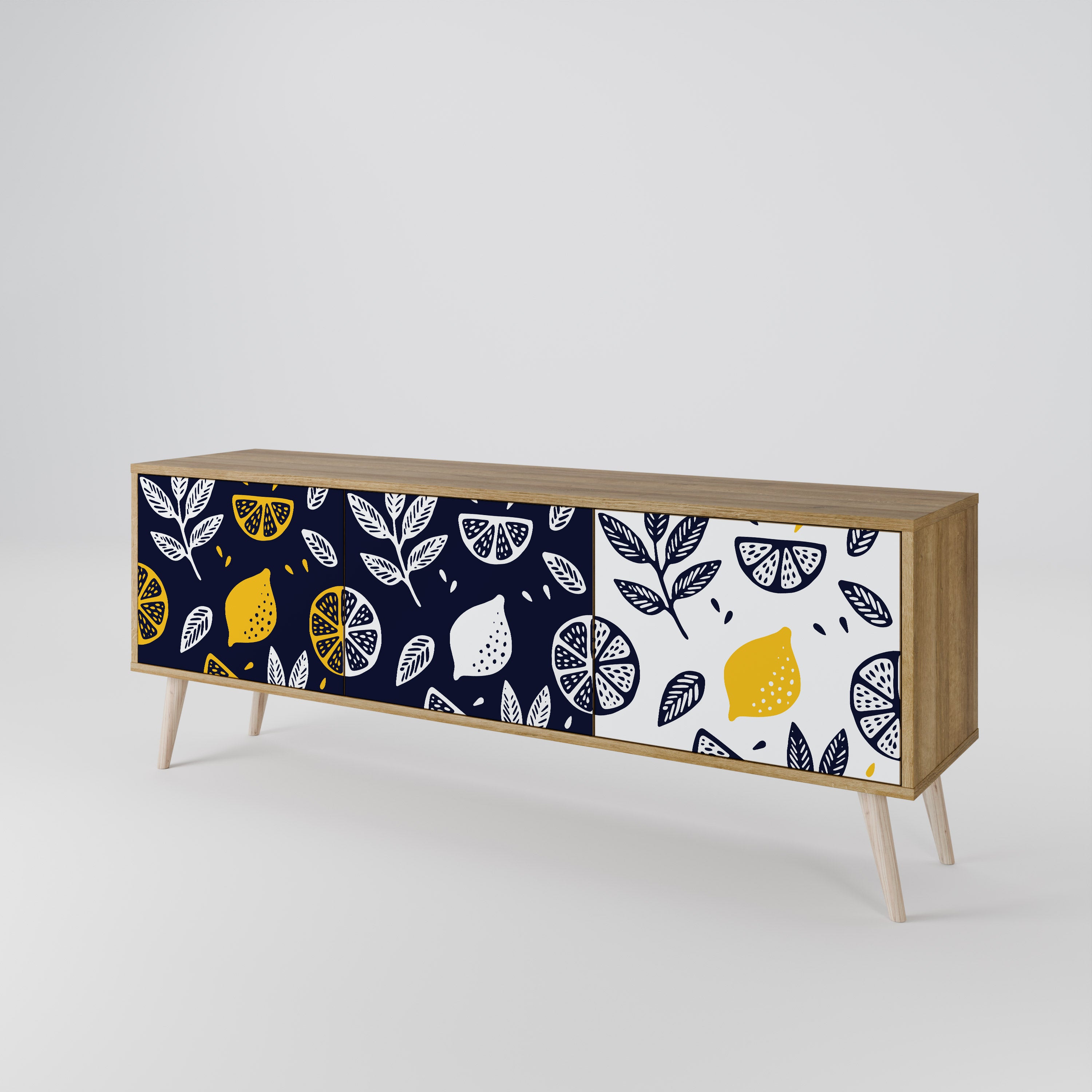 Mueble de TV de 3 puertas en blanco y negro con efecto roble CITRUS