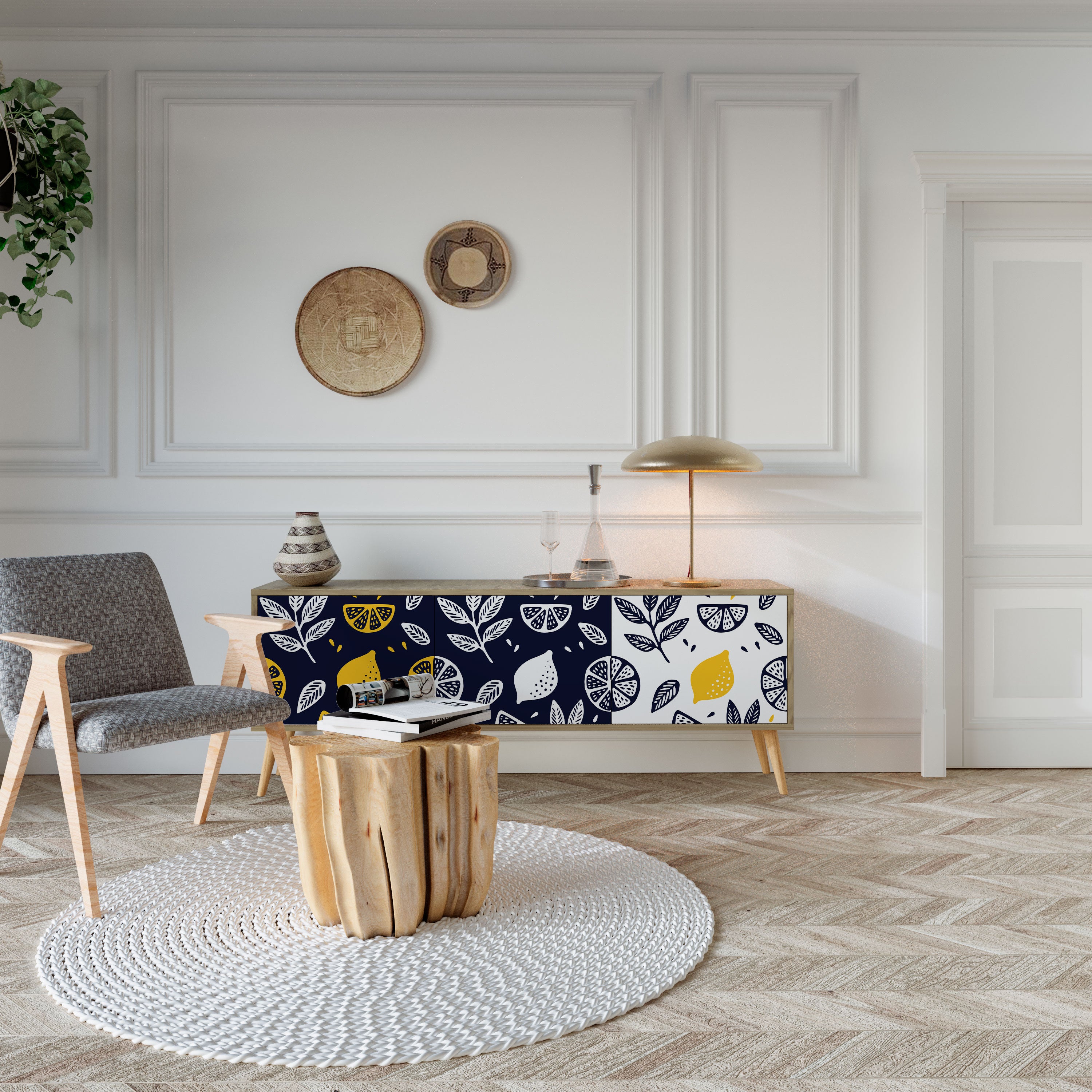Mueble de TV de 3 puertas en blanco y negro con efecto roble CITRUS