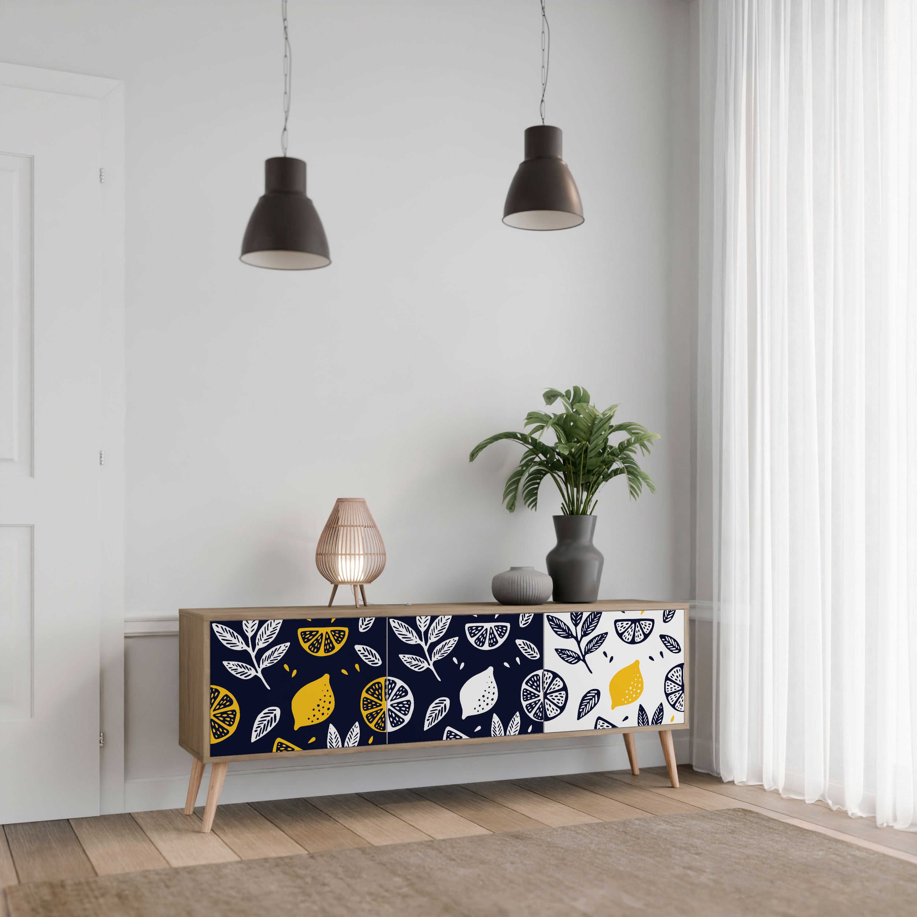 Mueble de TV de 3 puertas en blanco y negro con efecto roble CITRUS