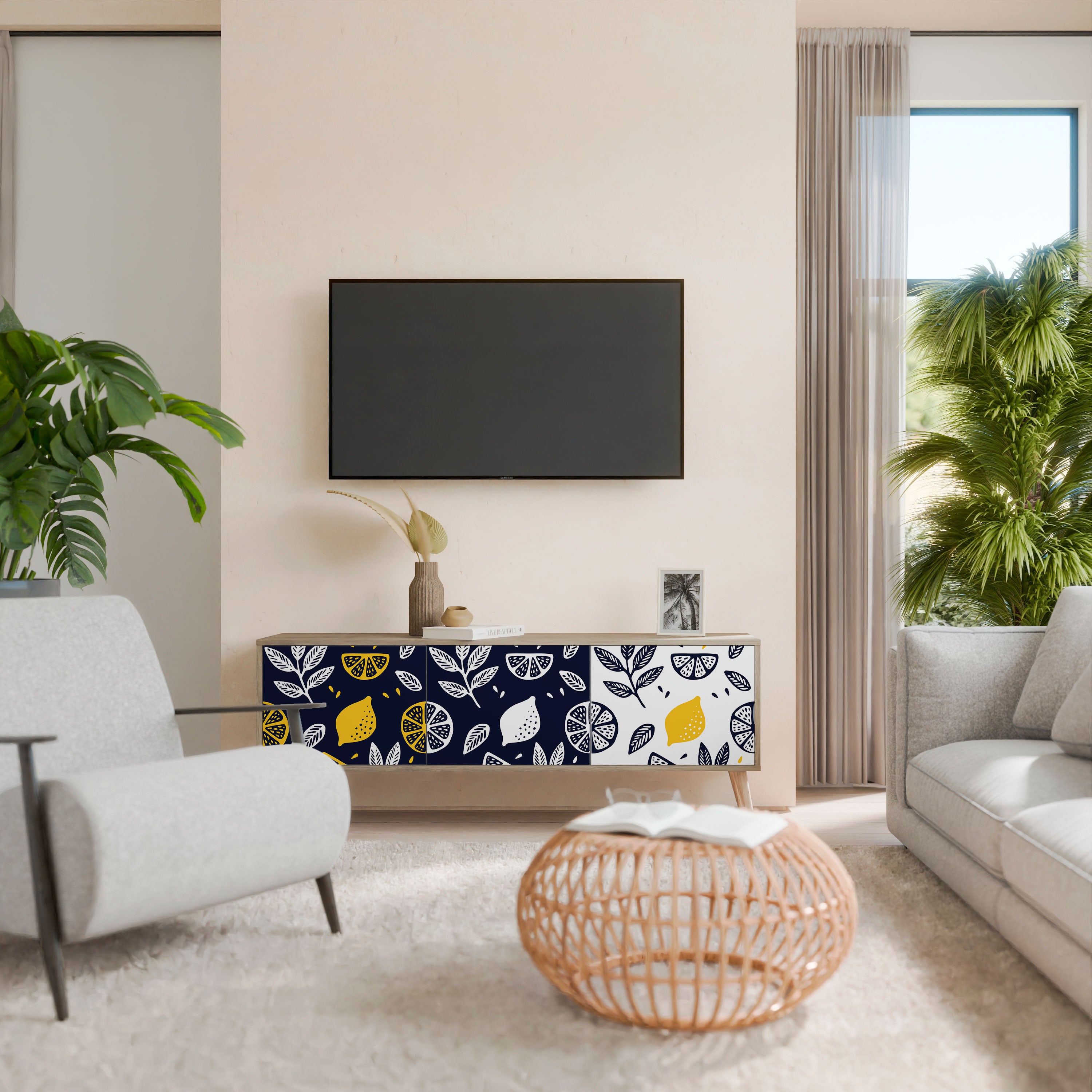 Mueble de TV de 3 puertas en blanco y negro con efecto roble CITRUS