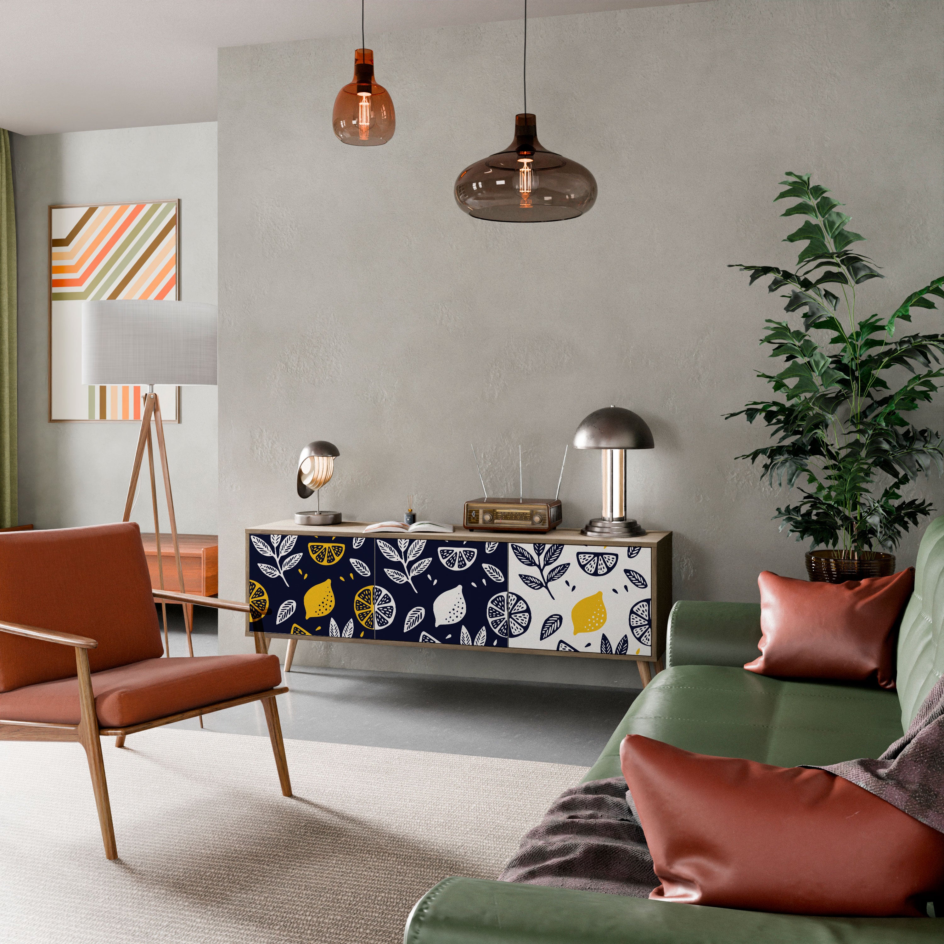 Mueble de TV de 3 puertas en blanco y negro con efecto roble CITRUS