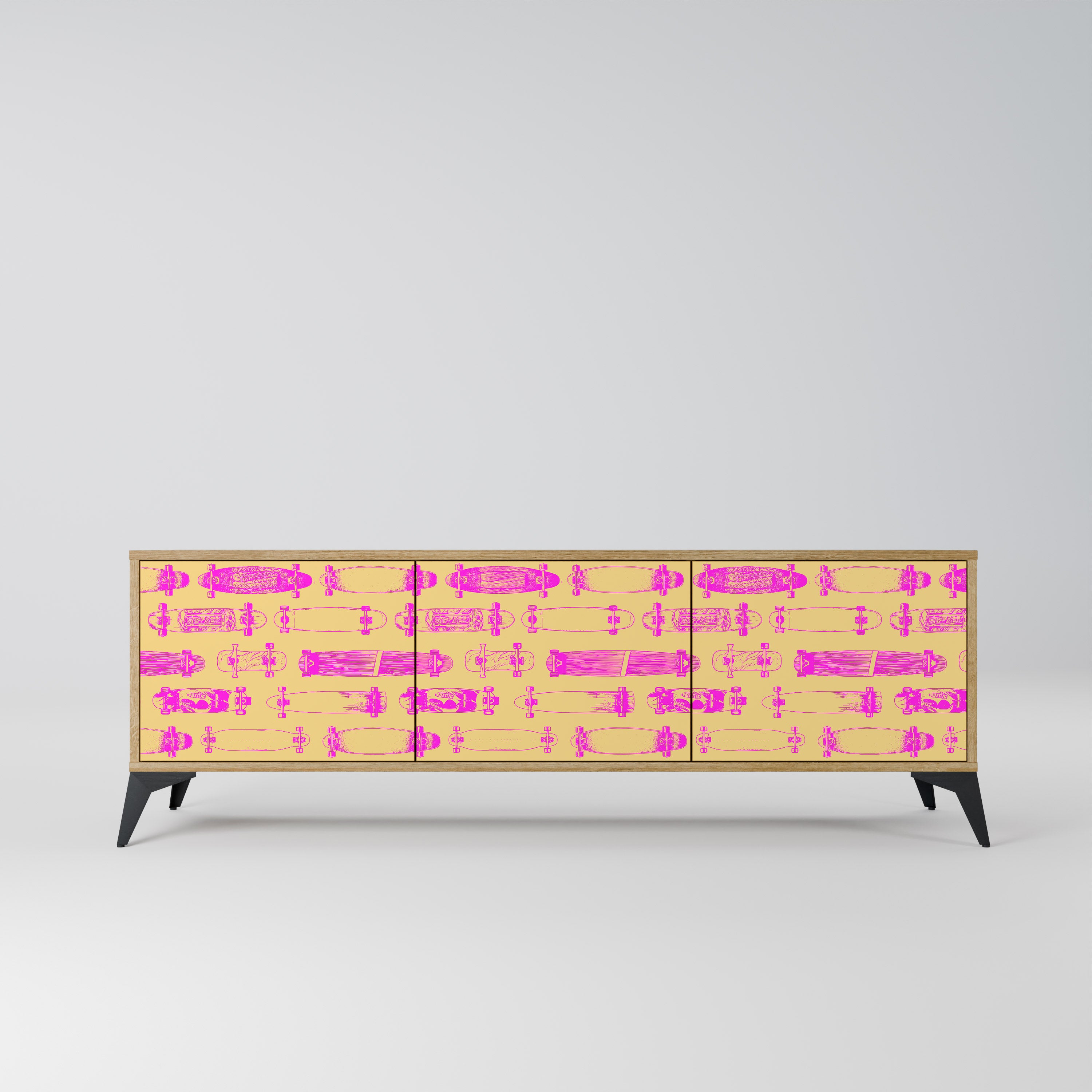 Mueble de TV de 3 puertas SKATEBOARD ARTISTRY con efecto roble