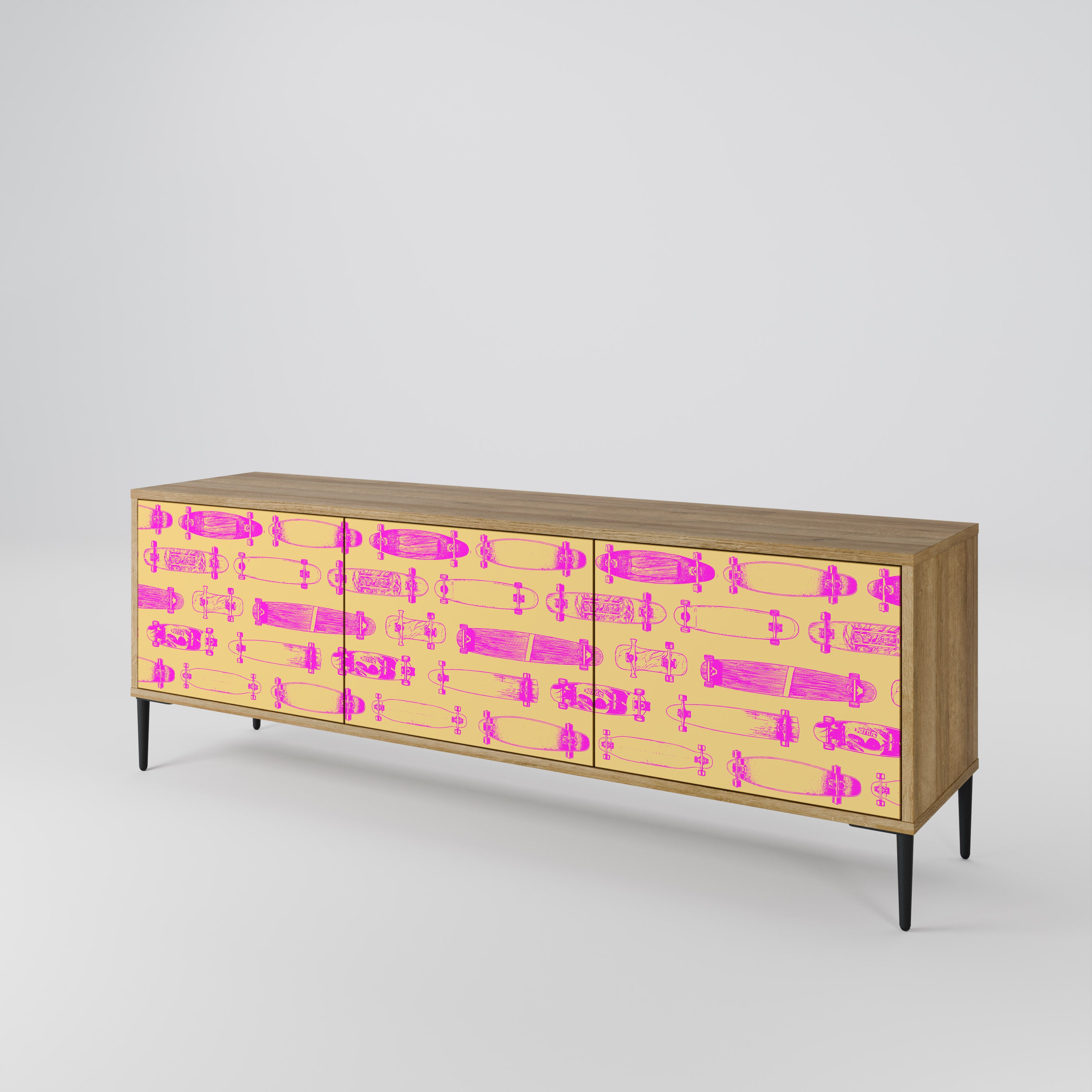 Mueble de TV de 3 puertas SKATEBOARD ARTISTRY con efecto roble