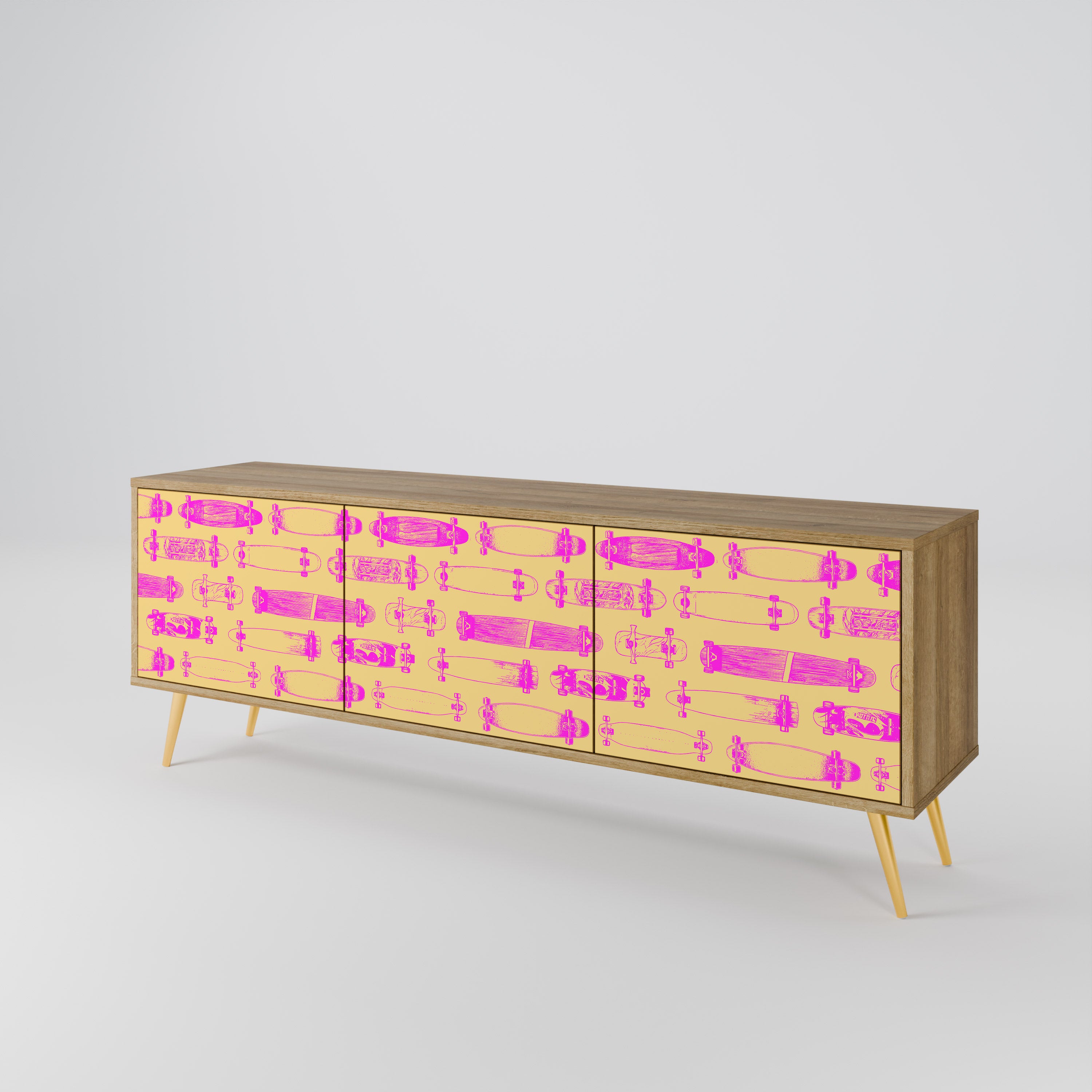 Mueble de TV de 3 puertas SKATEBOARD ARTISTRY con efecto roble