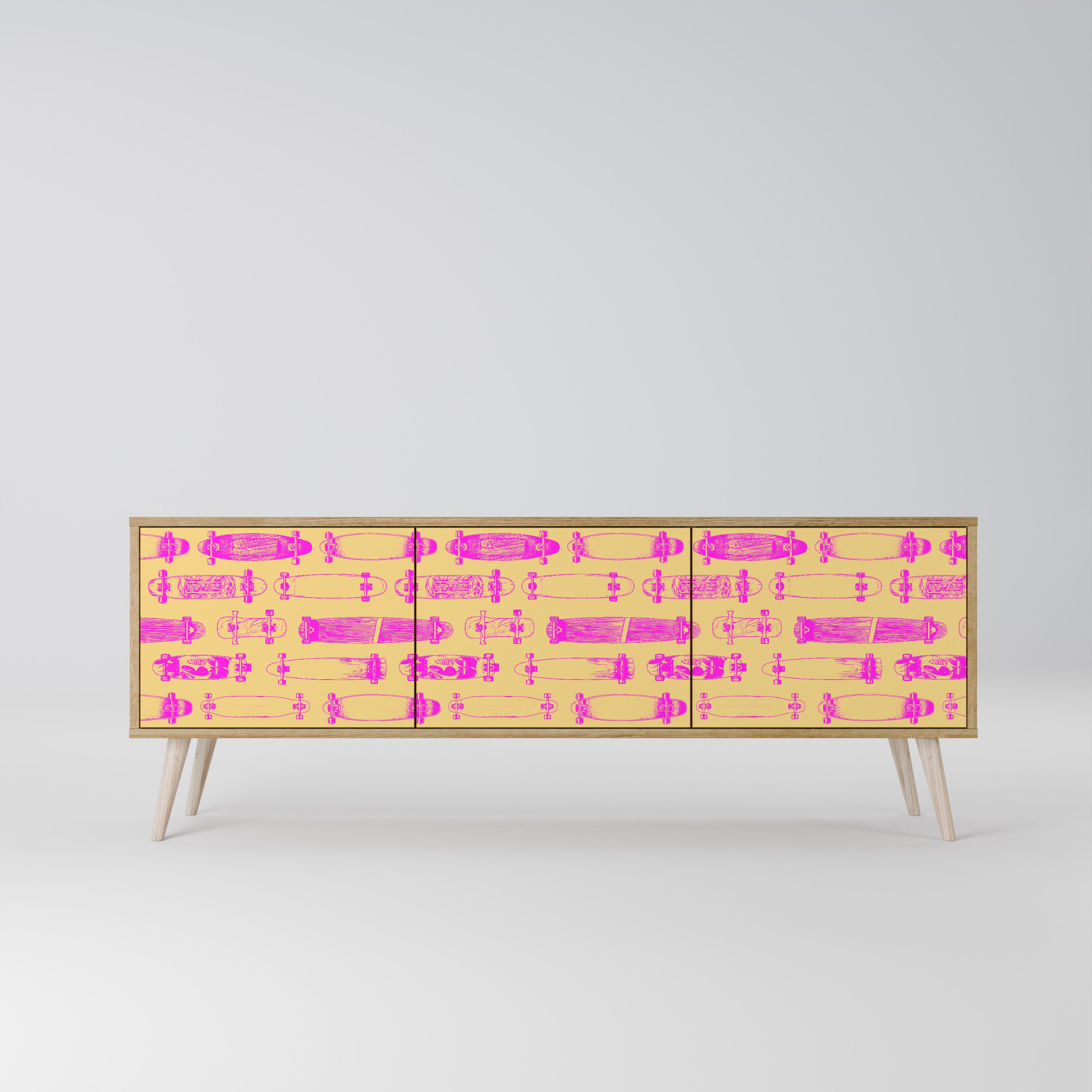 Mueble de TV de 3 puertas SKATEBOARD ARTISTRY con efecto roble