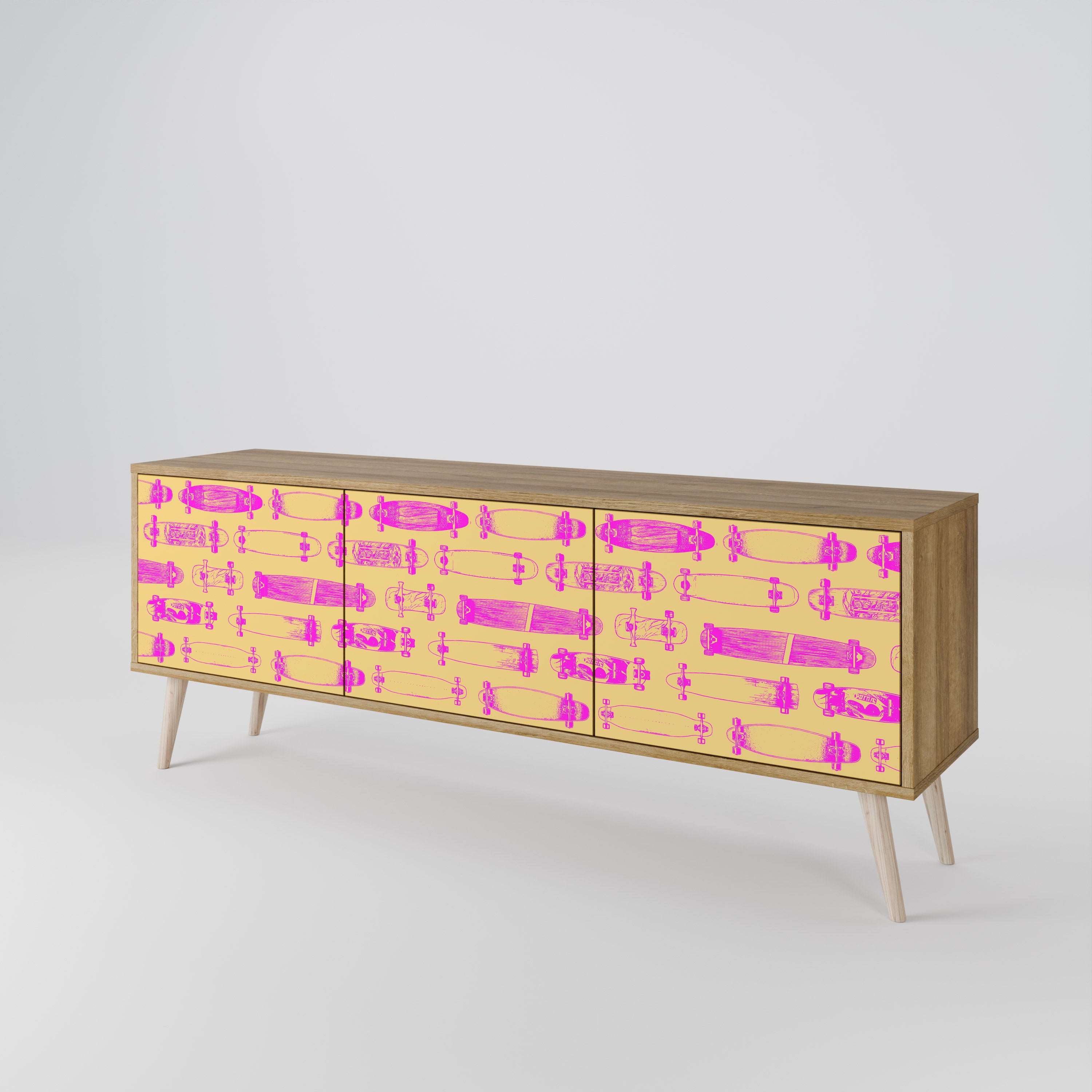 Mueble de TV de 3 puertas SKATEBOARD ARTISTRY con efecto roble