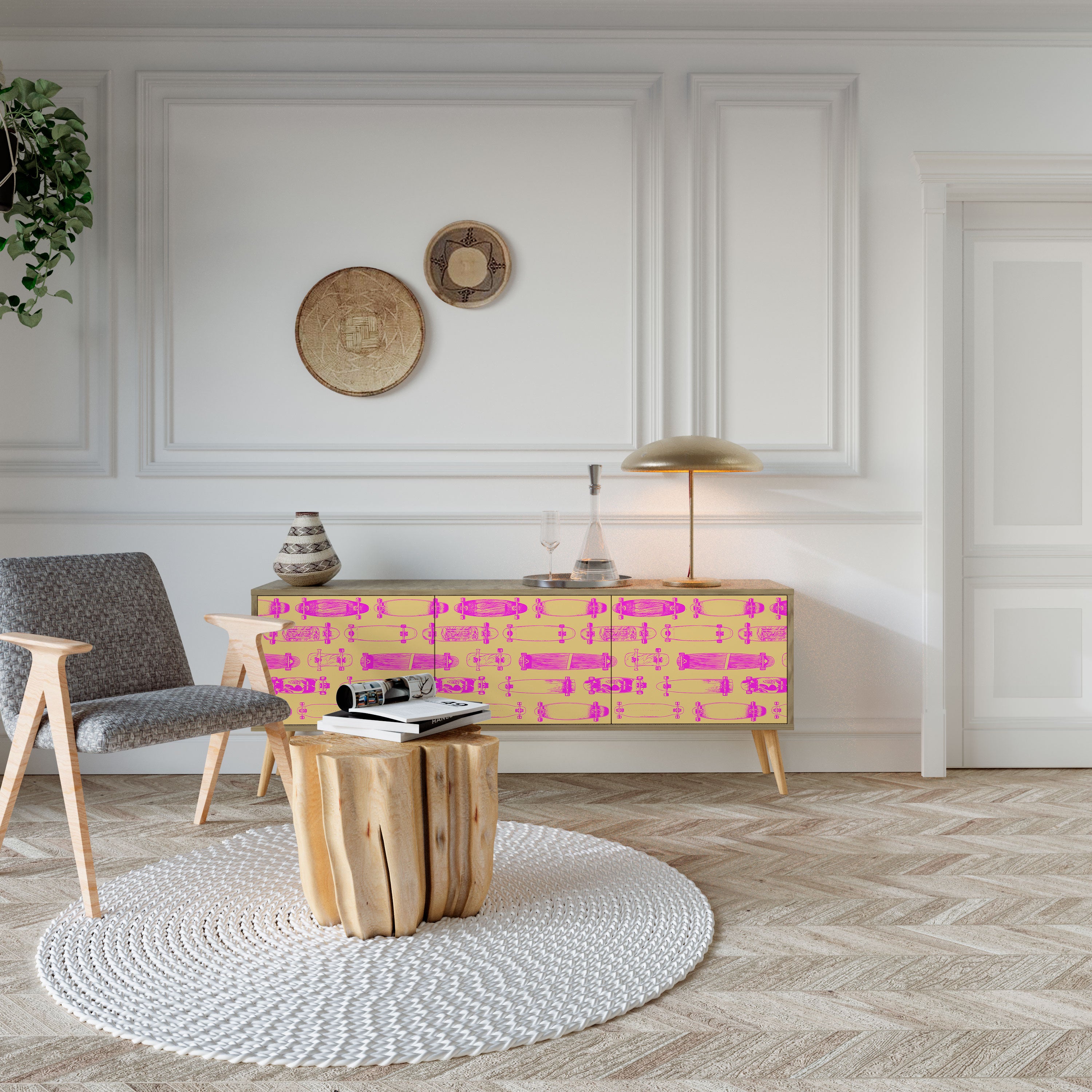 Mueble de TV de 3 puertas SKATEBOARD ARTISTRY con efecto roble