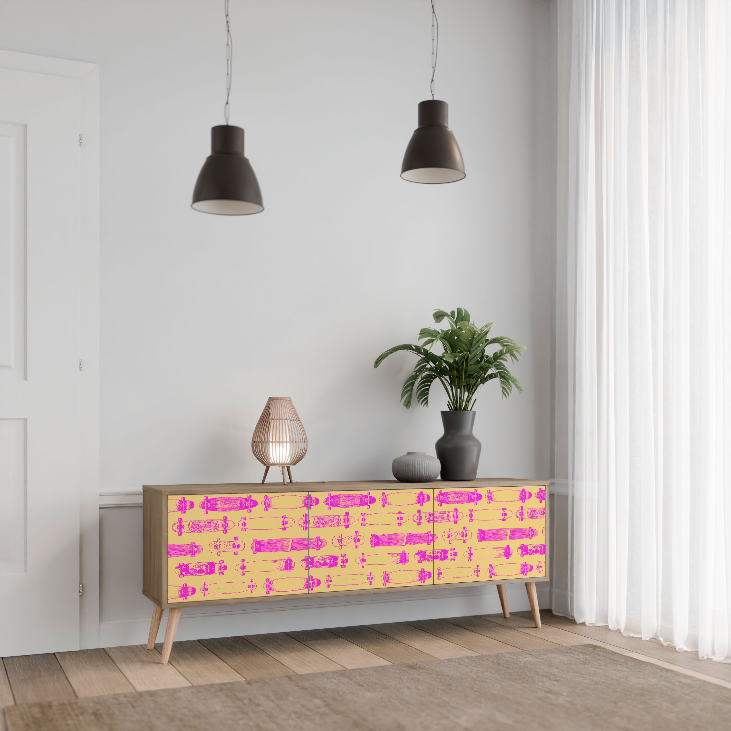 Mueble de TV de 3 puertas SKATEBOARD ARTISTRY con efecto roble