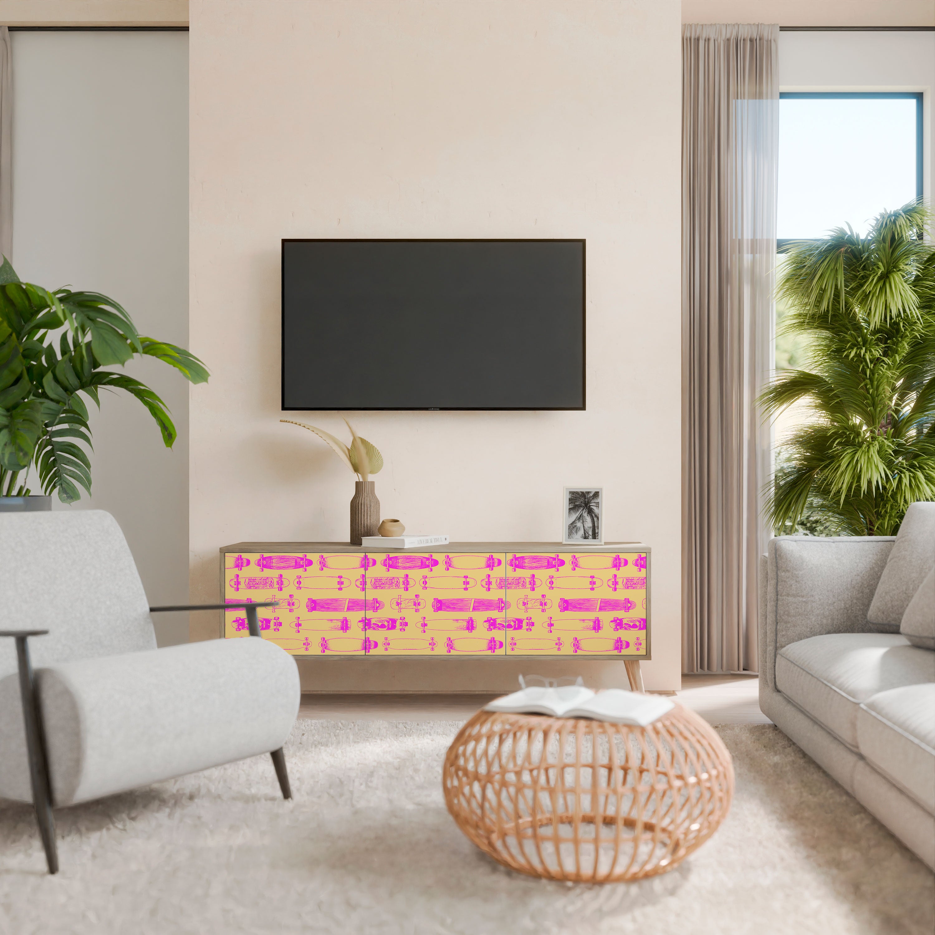 Mueble de TV de 3 puertas SKATEBOARD ARTISTRY con efecto roble